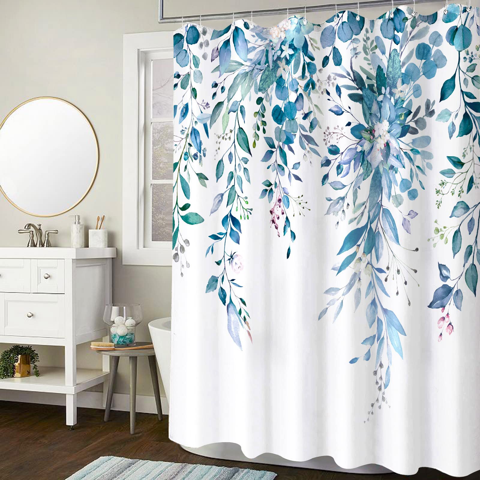Zussun Blue Eucalyptus Shower Curtain Watercolor Floral Plant Leaf Shower Curtains for Bathroom Botanical Flower Waterproof Fabric Bath Curtain Decor with Hooks (Blue  72'' x 72'')