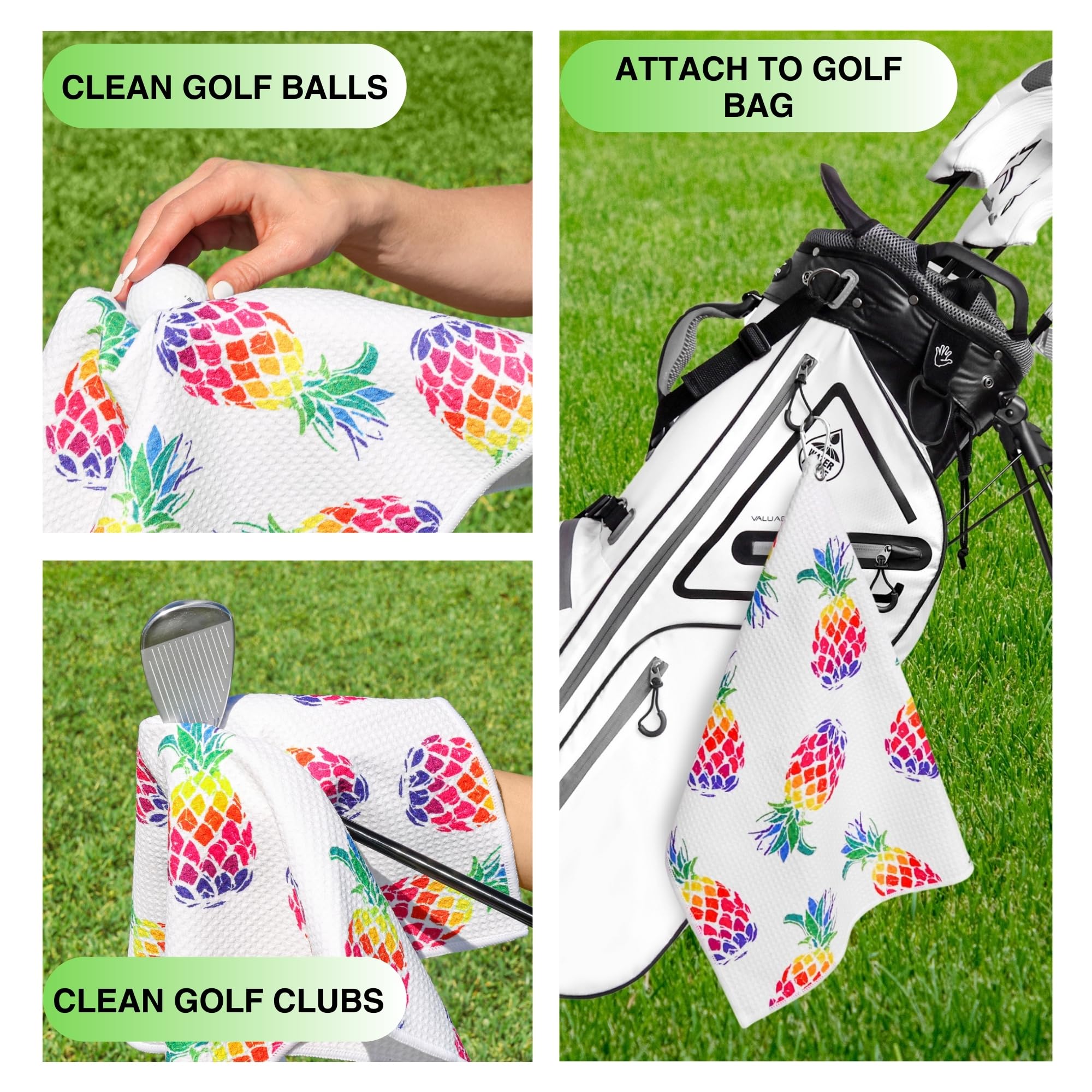 Playing It Forward Aloha Pineapple Golf Towel with Clip for Women and Men  Microfiber Waffle and Ball Towels  Set of 2