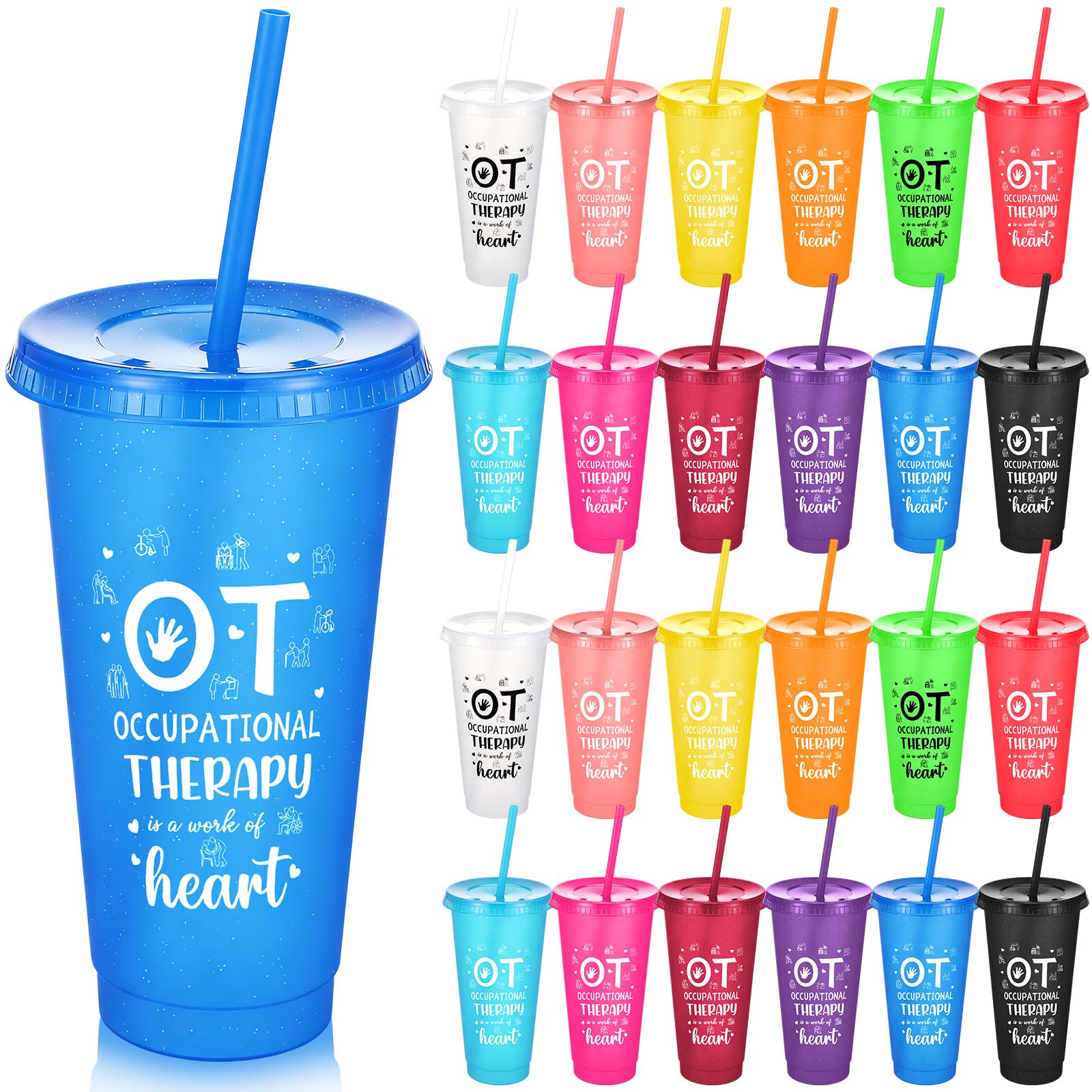 Skylety 24 Pack Occupational Therapy Month Gifts Bulk Occupational Therapy Appreciation Cups with Lids and Straws for OT Month P