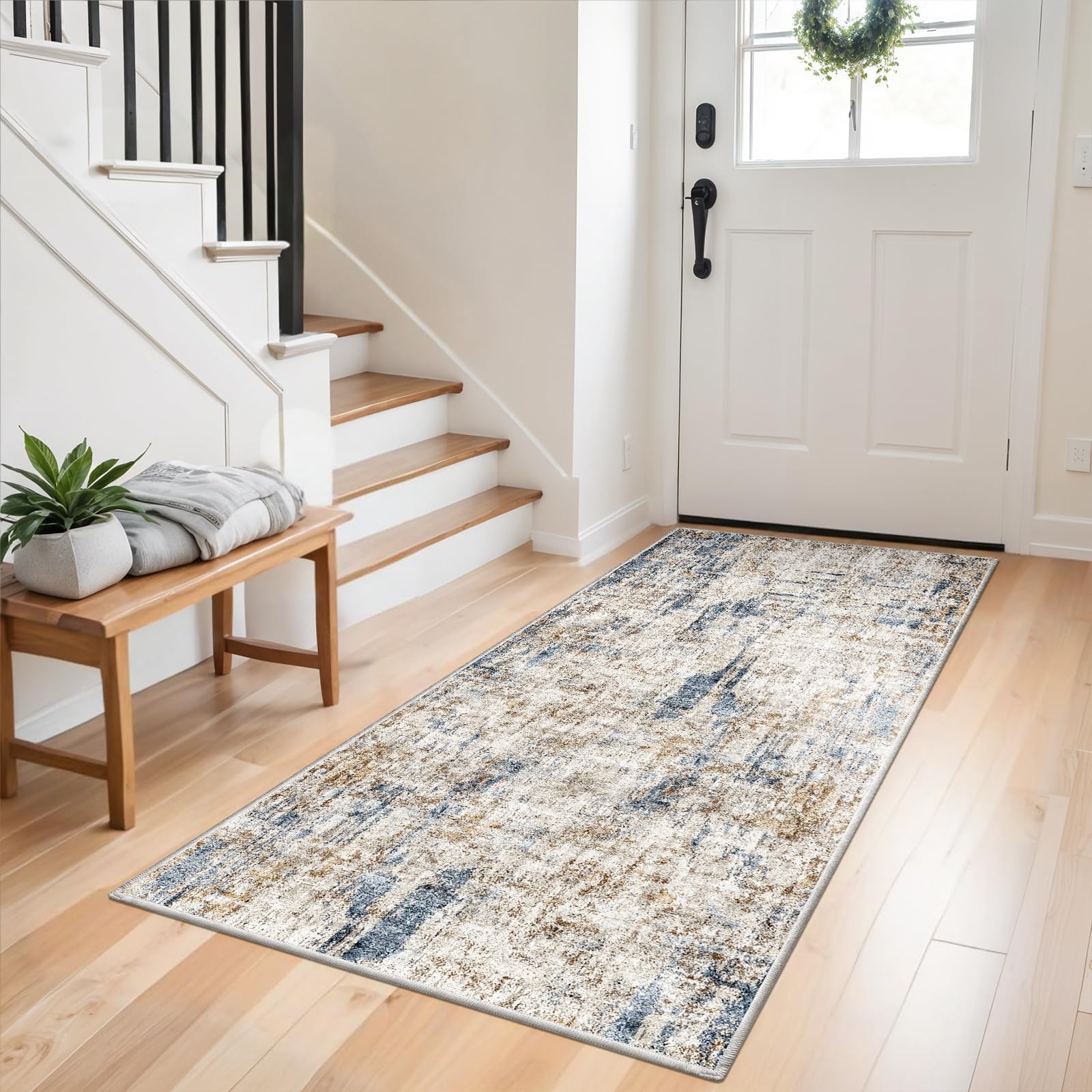 3x6 Washable Non-Slip Kitchen Runner Rug - Modern Abstract Wide Floor Carpet Runner with Rubber Backing for Entryway, Hallway, B