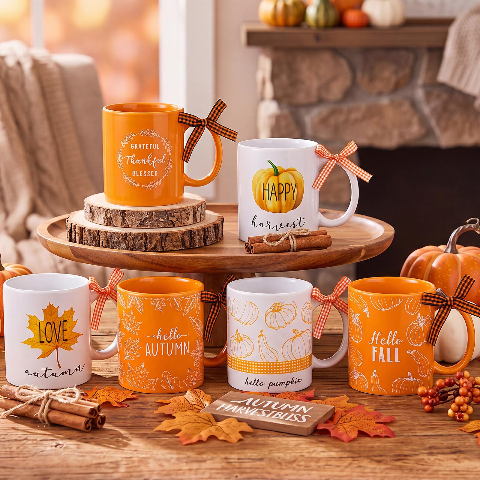 Lallisa 6 Pcs 11 oz Hello Fall Ceramic Coffee Mugs Set Thanksgiving