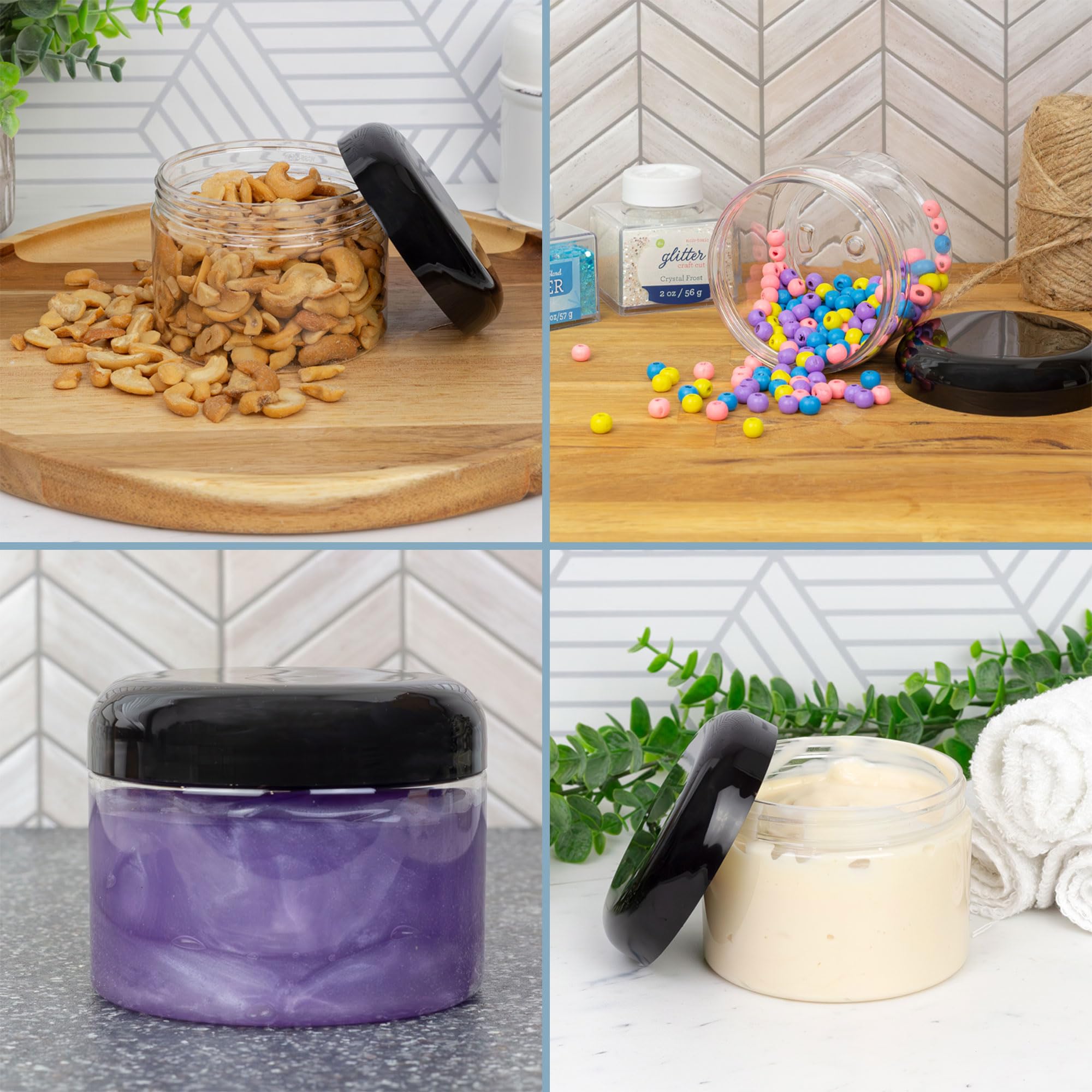 8Oz Clear Plastic Jars With Black Plastic Lids (6 Pack); Bpa Free Pet Stackable Straight Sided Containers For Bathroom & Kitchen