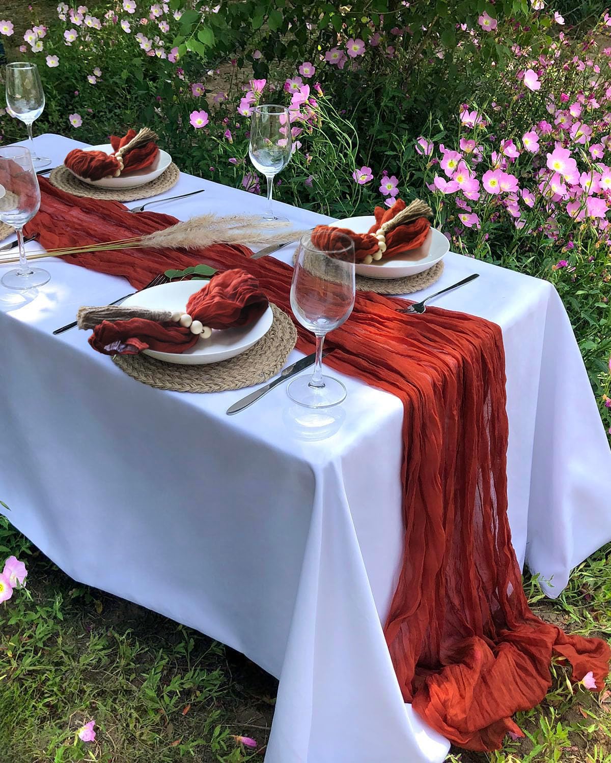 Fusenyuan Terracotta Cheesecloth Table Runner 10Ft +6 Napkins +6 Wood Bead Tassel Napkin Rings (120'' X 35'' ) Rustic Gauze Shee