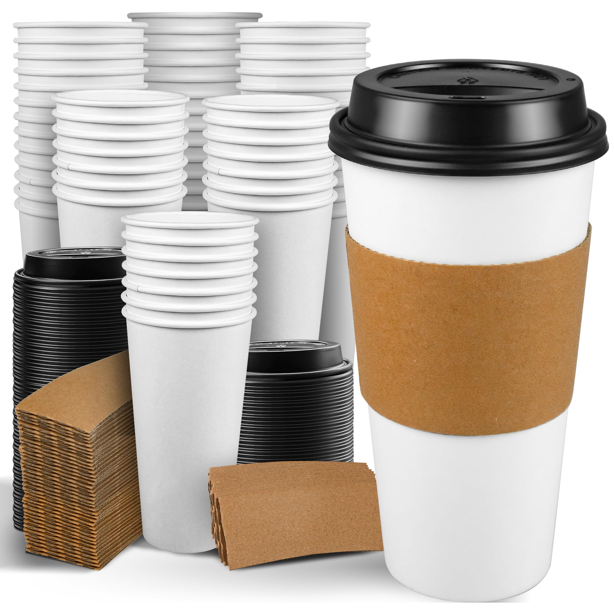 Ginkgo 100 Pack 20 Oz Disposable Paper Coffee Cups With Lids And Sleeves, To Go Hot Coffee Cups For Hot Chocolate, Cocoa, Tea An