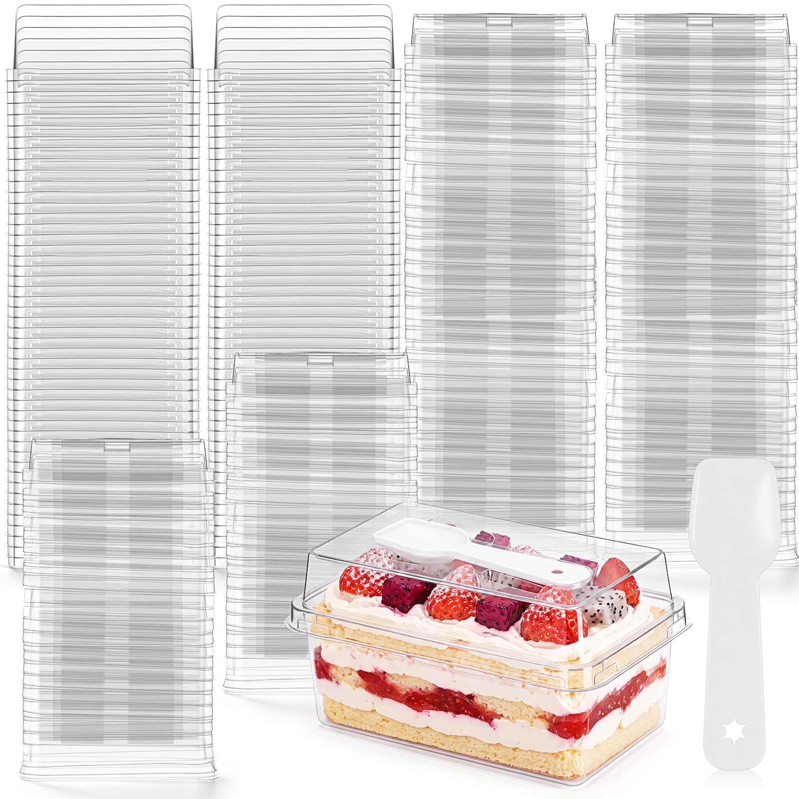 OBreezify 100 Pieces 10oz Plastic Dessert Cups with Lids and Spoons Rectangle Containers Disposable Parfait for Wedding Party Ba