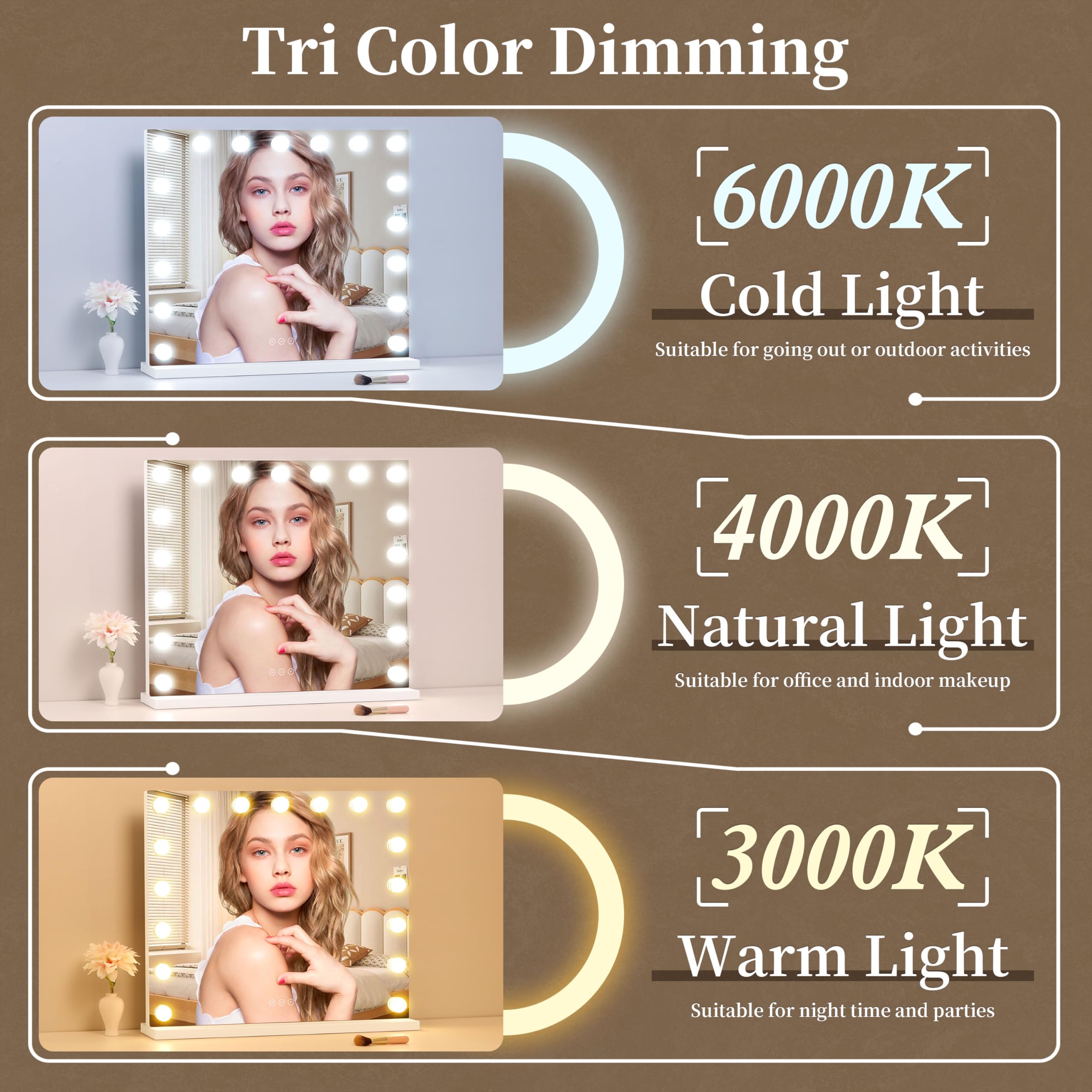 Nusvan Vanity Mirror With Lights,Makeup Mirror With Lights With 17 Dimmable Led Bulbs, 3 Color Lighting Modes Detachable 10X Mag