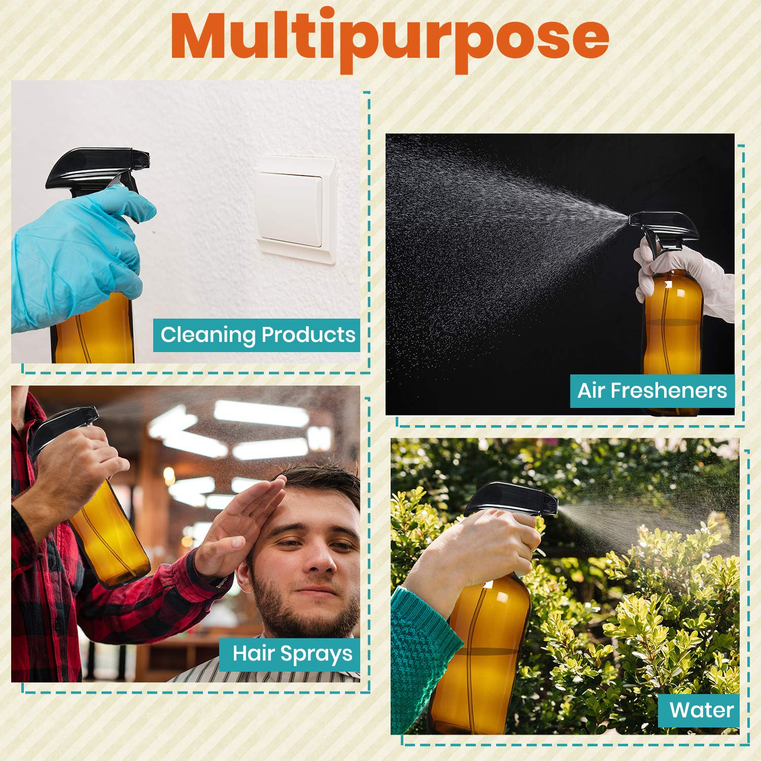 Amber Glass Spray Bottles For Cleaning Solutions (4 Pack) - 16 Ounce, Refillable Sprayer For Essential Oil, Water, Kitchen, Hair