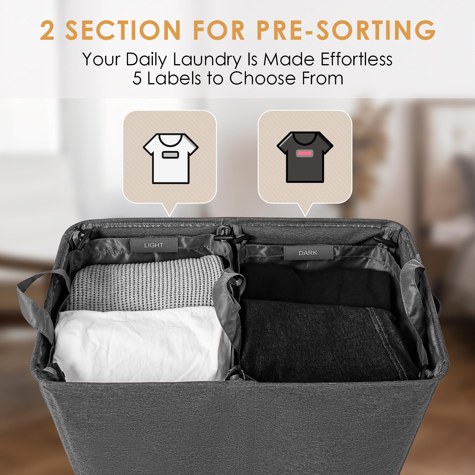 Double Laundry Hamper With Lid, 135L Dirty Clothes Hamper With Removable Bags & Labels, Laundry Basket 2 Section For Separating,