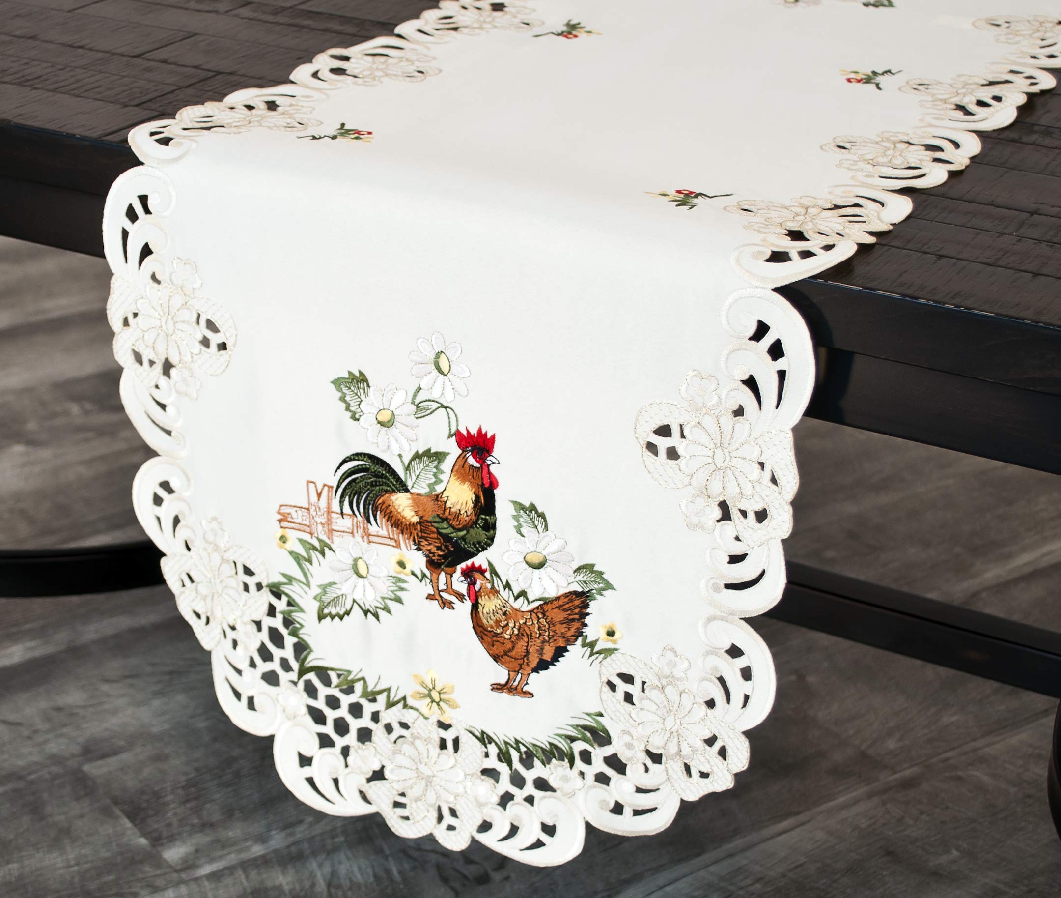 Embroidered Rooster Country Chic Lace Farmhouse Table Runner, Dresser Scarf, Coffee Table Runner (15Wx54L)
