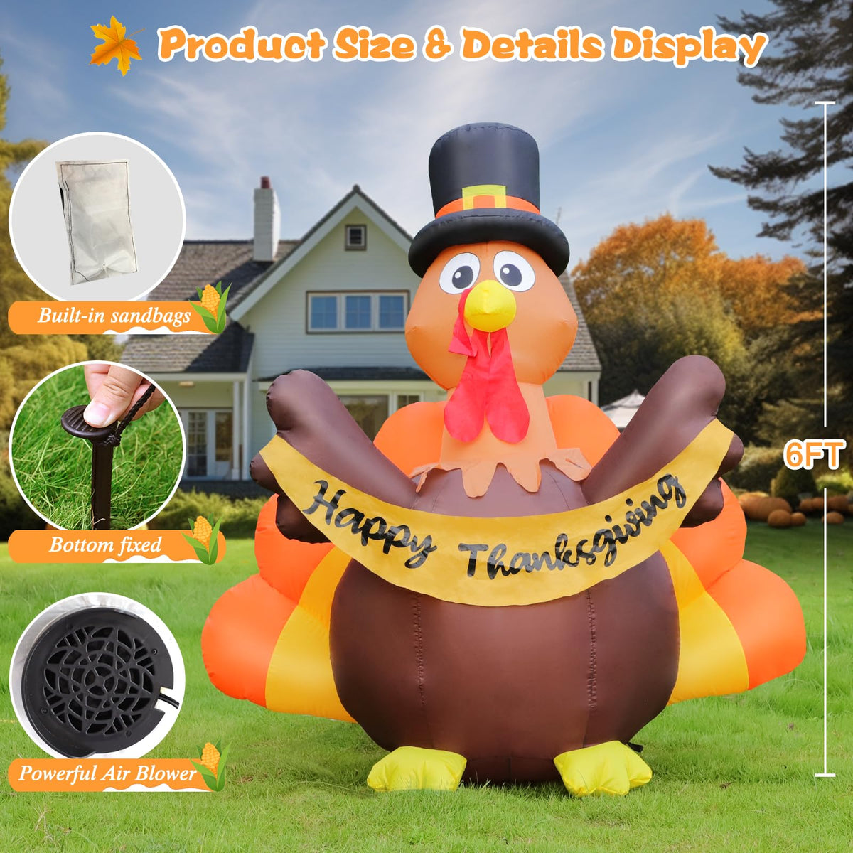 6FT Thanksgiving Inflatables Turkey Outdoor Decorations, Blow Up Turke ...