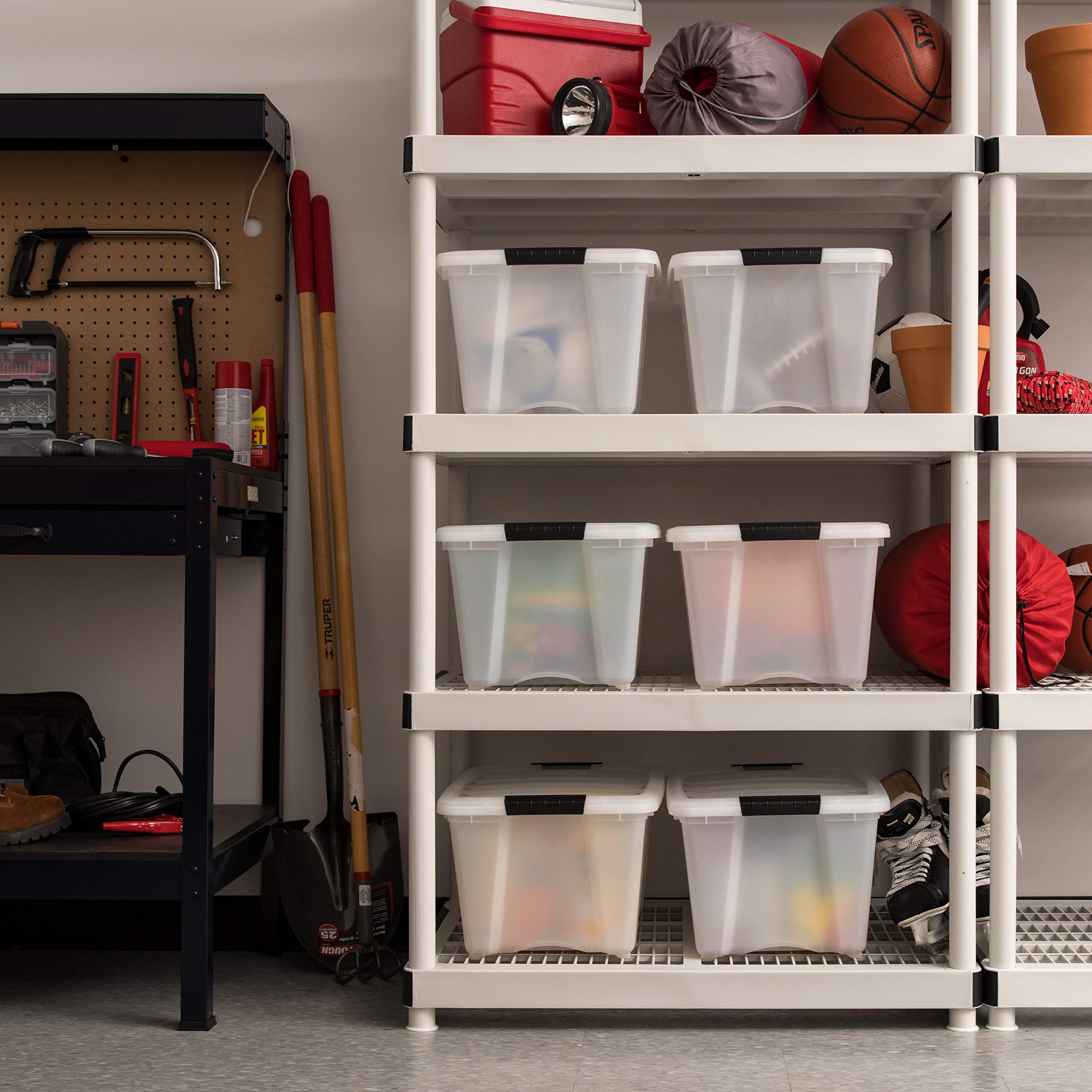 IRIS USA 32 Qt. Plastic Storage Container Bin with Secure Lid and Latching Buckles  6 pack - Pearl  Durable Stackable Nestable Organizing Tote Tub Box Toy General Organization Medium