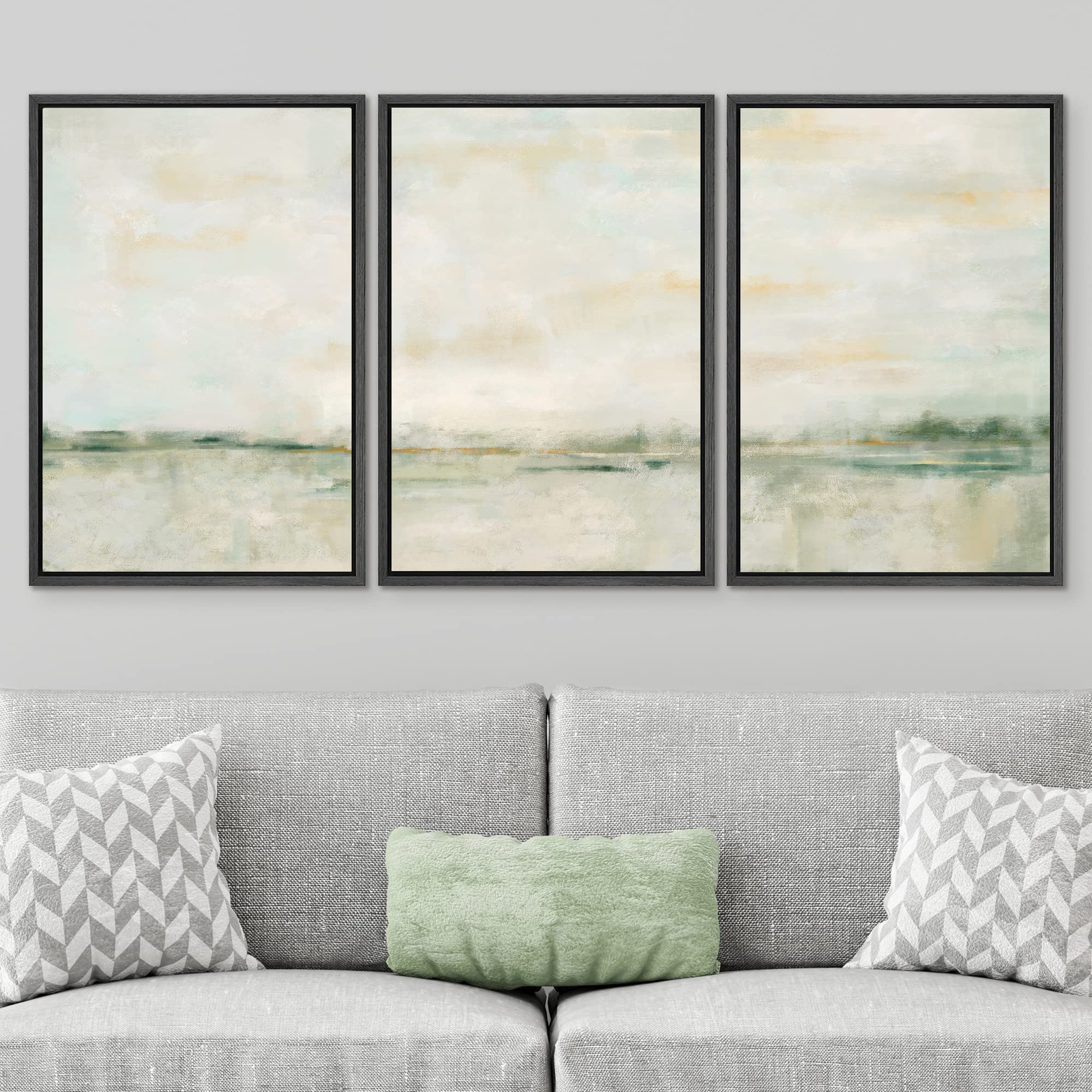 SIGNWIN Framed Canvas Print Wall Art Set Grunge Tan Green Pastel Landscape Shapes Abstract Illustrations Modern Art Decorative Nordic Calm/Zen for Living Room  Bedroom  Office - 16''x24''x3 Black
