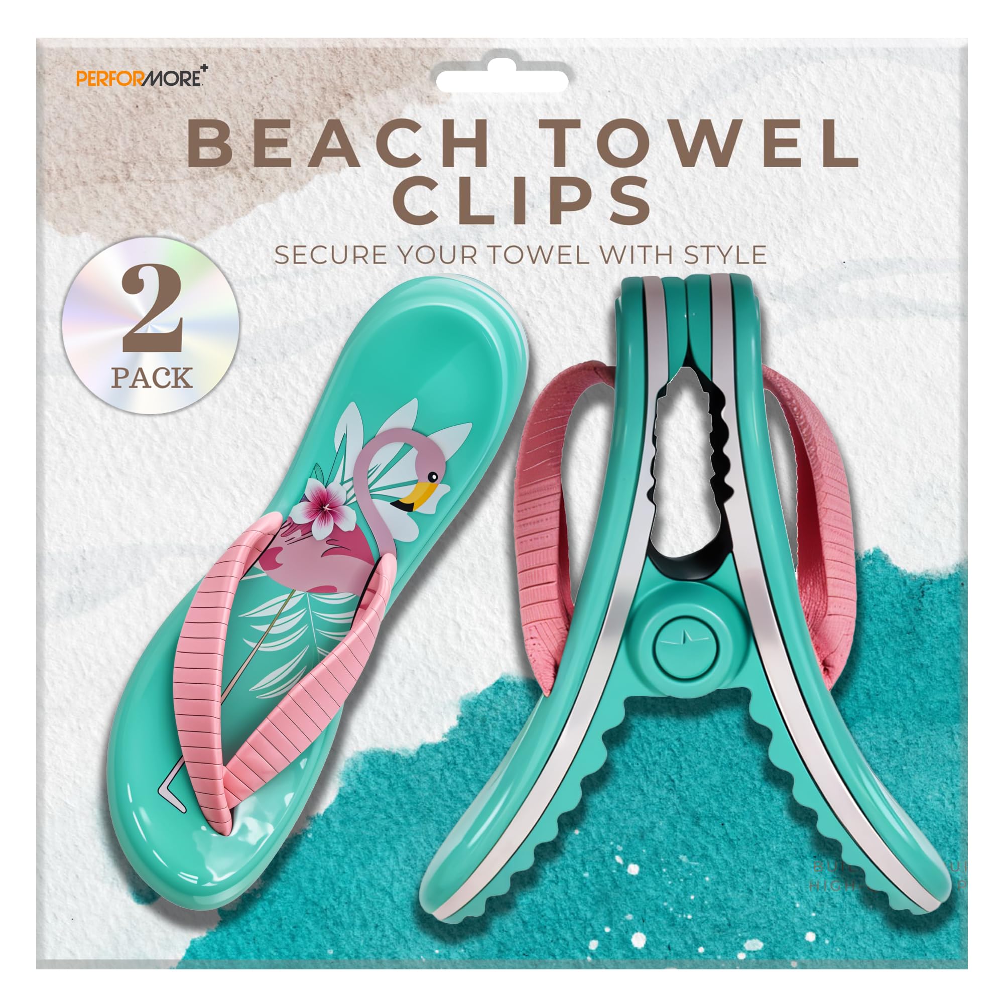 PERFORMORE Flip Flop Beach Towel Clips (Turquoise)  Set of 2  Portable Towel Holder Clips  Secure Clips for Beach Chairs Deck Patio Pool Boat Cruise Lounge Chair Accessories