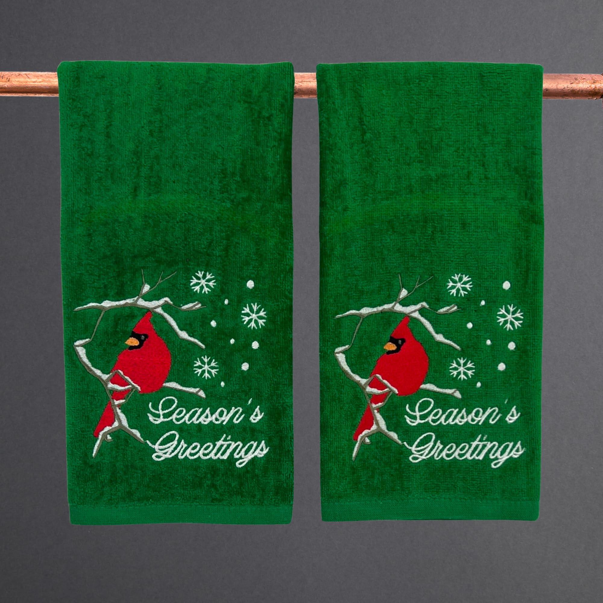 Holiday Christmas Bathroom Guest Hand Towels, Red Cardinal With Season'S Greetings On Green100% Cotton, Set Of 2, 16 X 25 Inches