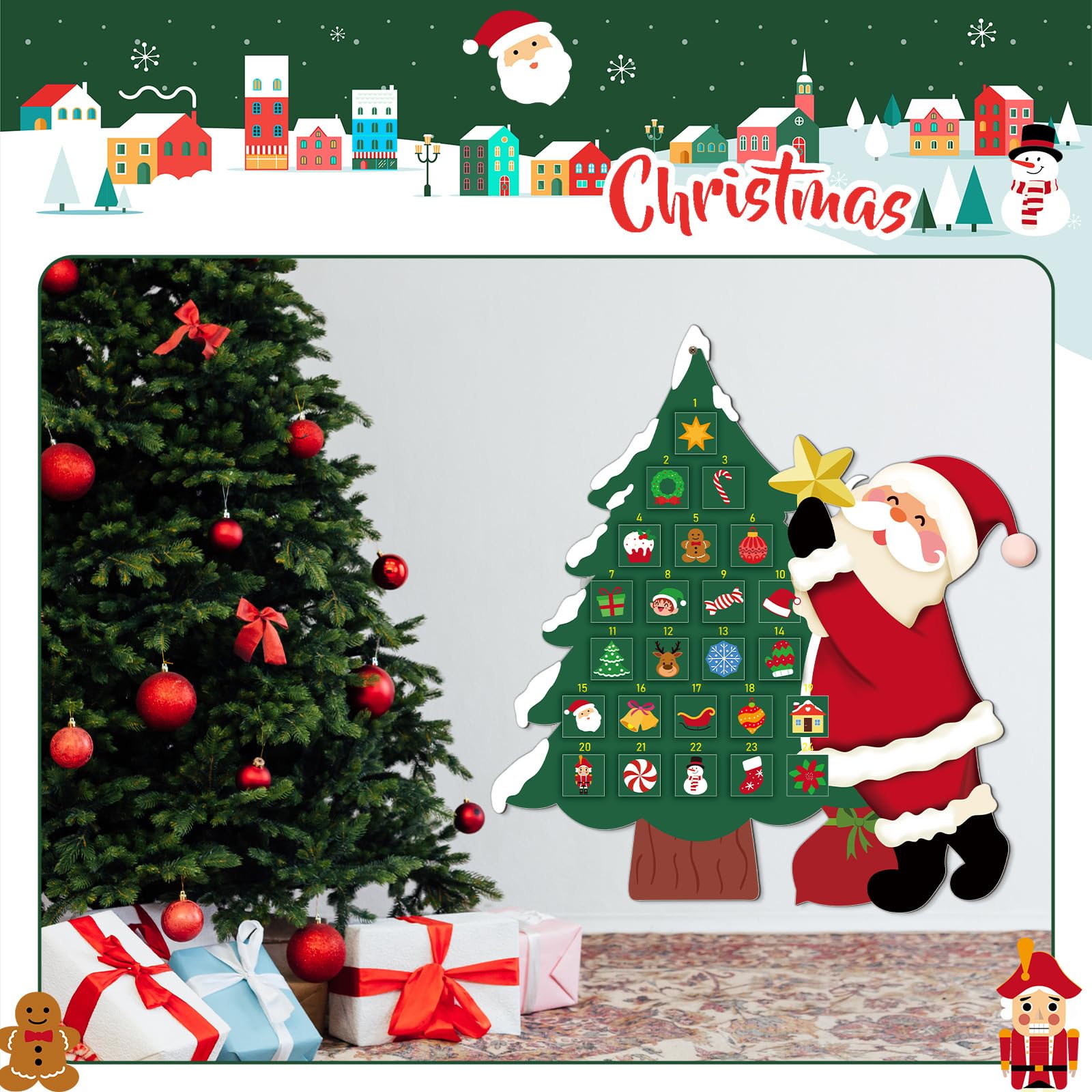 Watersay Christmas Tree Advent Calendar Felt Christmas Tree for Kids Countdown to Xmas with 24 Pockets Countdown Calendar Reusab
