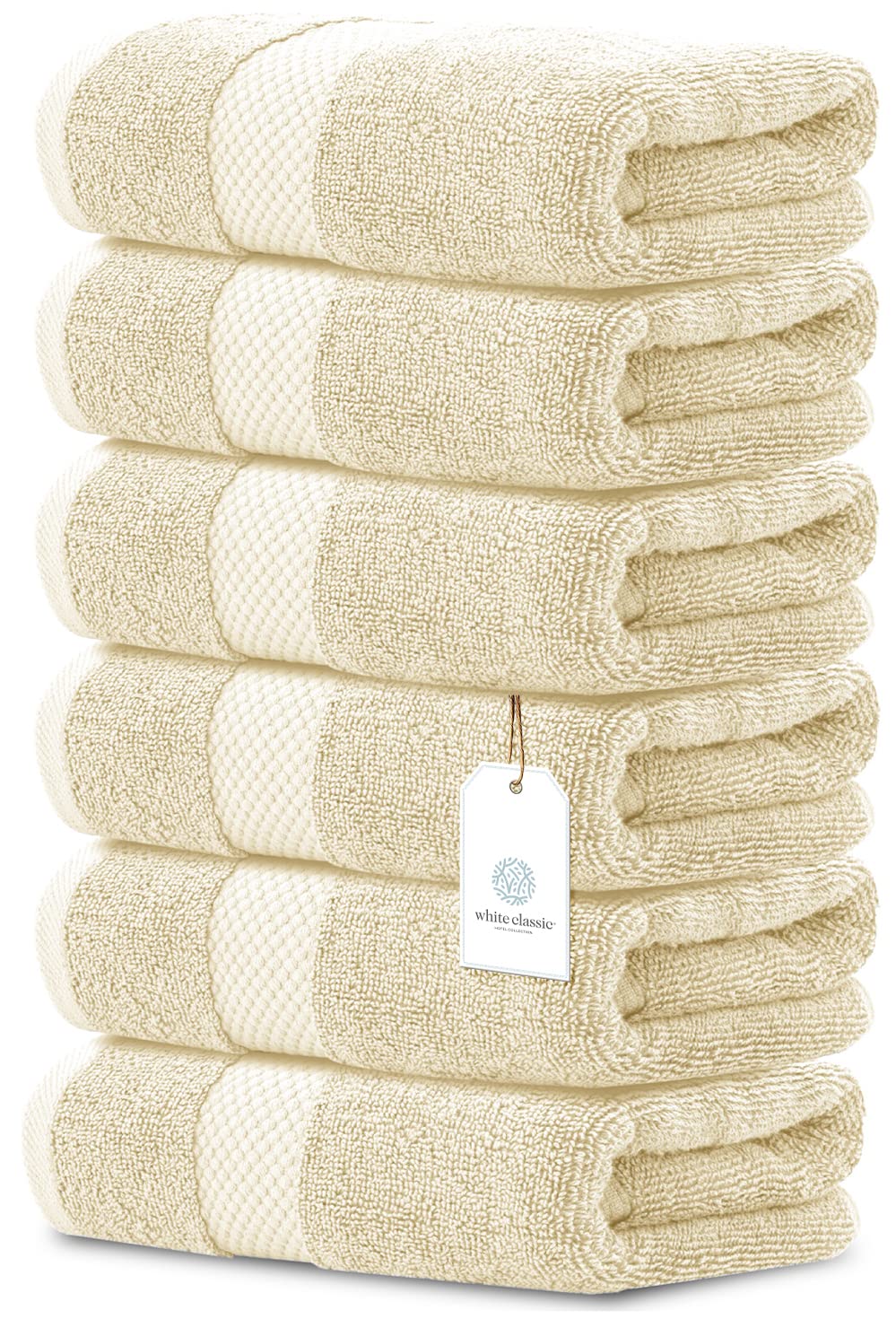 White Classic Luxury Hand Towels | Cotton Hotel Spa Bathroom Towel | 16X30 | 6 Pack | Beige