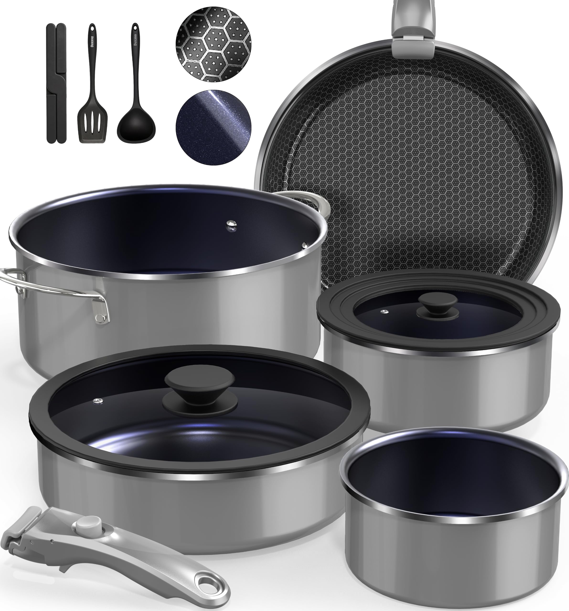 DUXANO Ceramic Pots and Pans Set Non Stick, 2026 Upgraded Hybrid Frypan, 1.5&2 QT Saucepans with Lid, Oilless Cooking, PFAS Fre