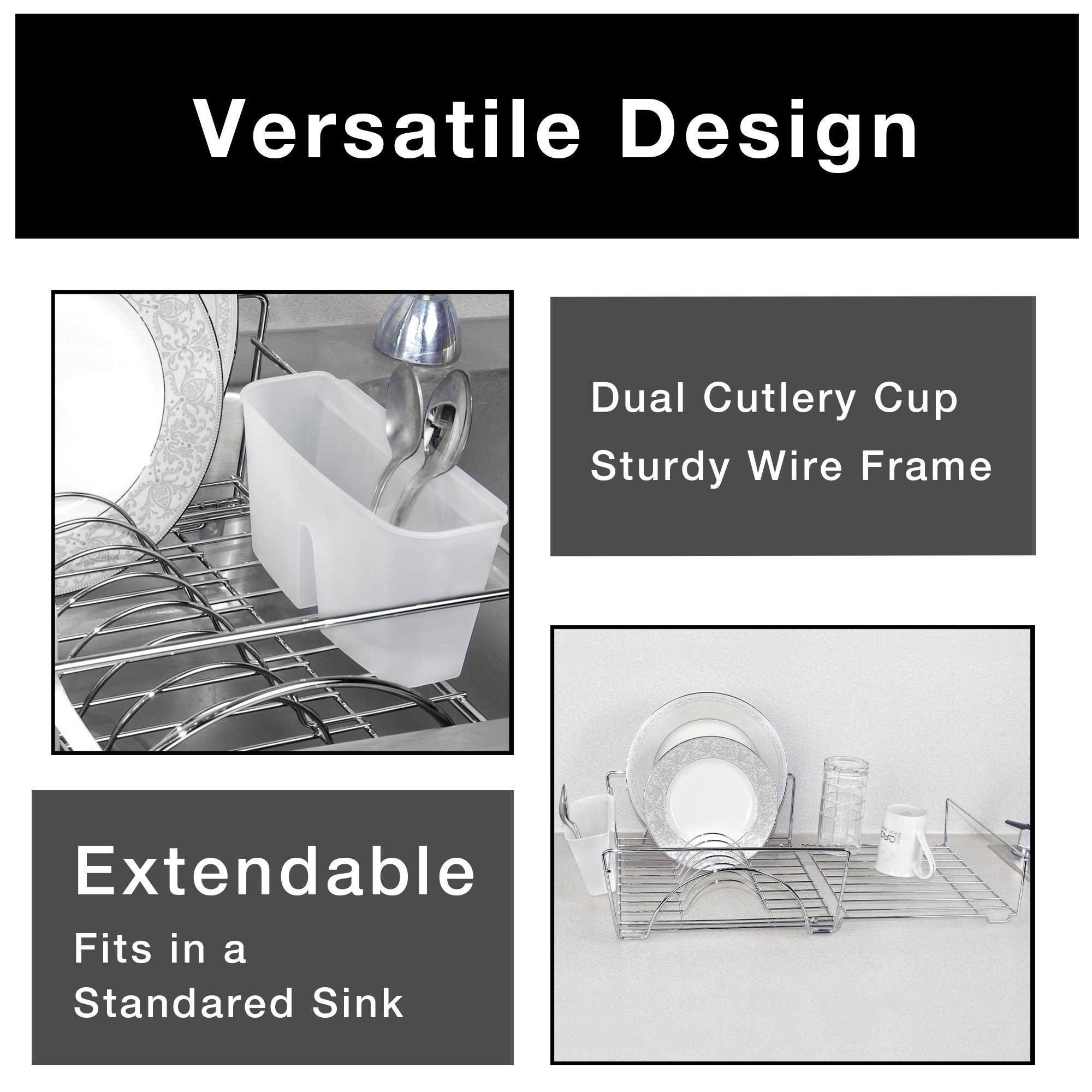 Smart Design Expandable Dish Drainer Drying Rack With Cutlery Cup - Steel Metal Wire - Fits In Standard Sinks - Dishes, Cups, Si