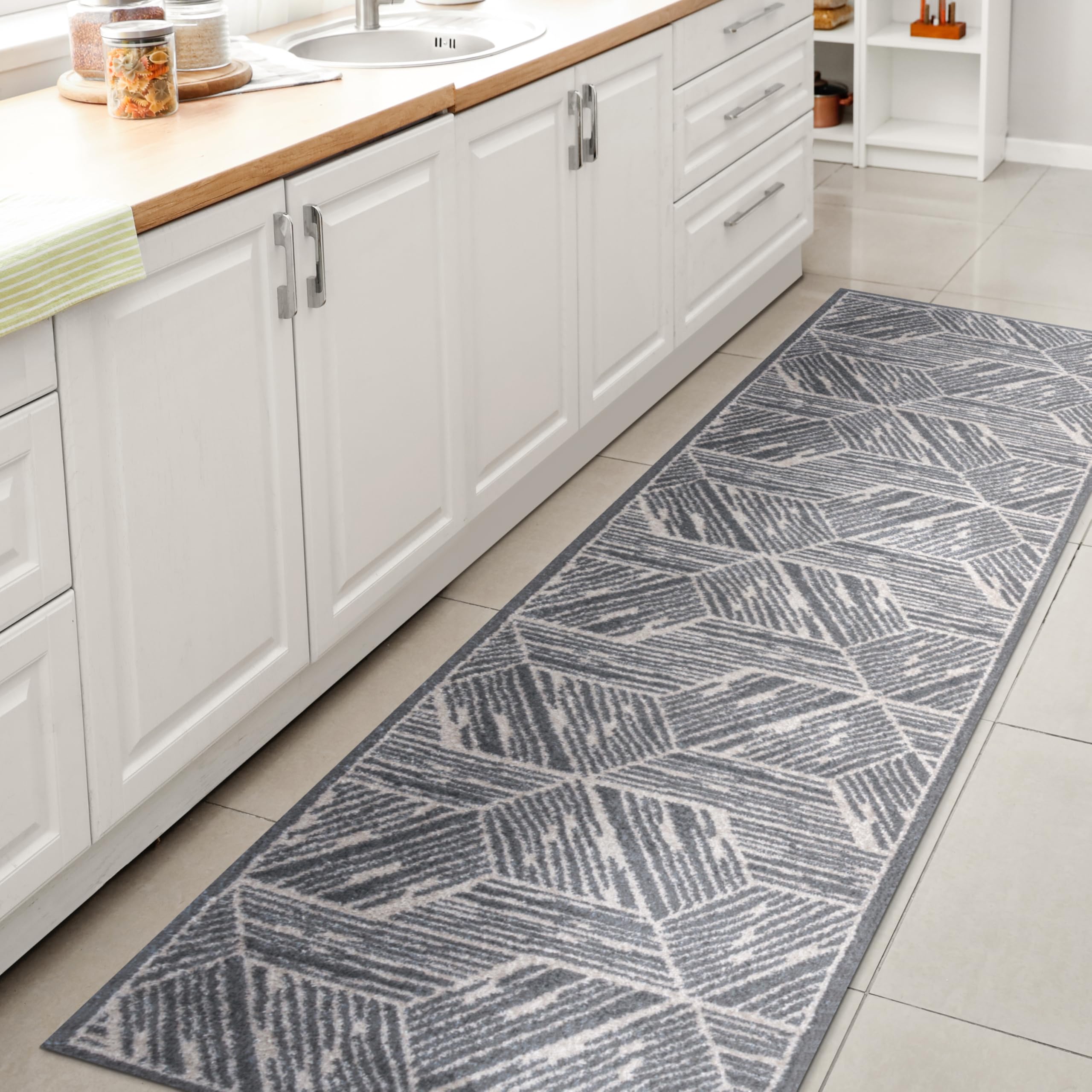 JONATHAN Y WSH313A-28 Vector Modern Coastal Geometric Machine-Washable Blue/Cream 2 ft. x 8 ft. Runner Rug, Modern, Contemporary