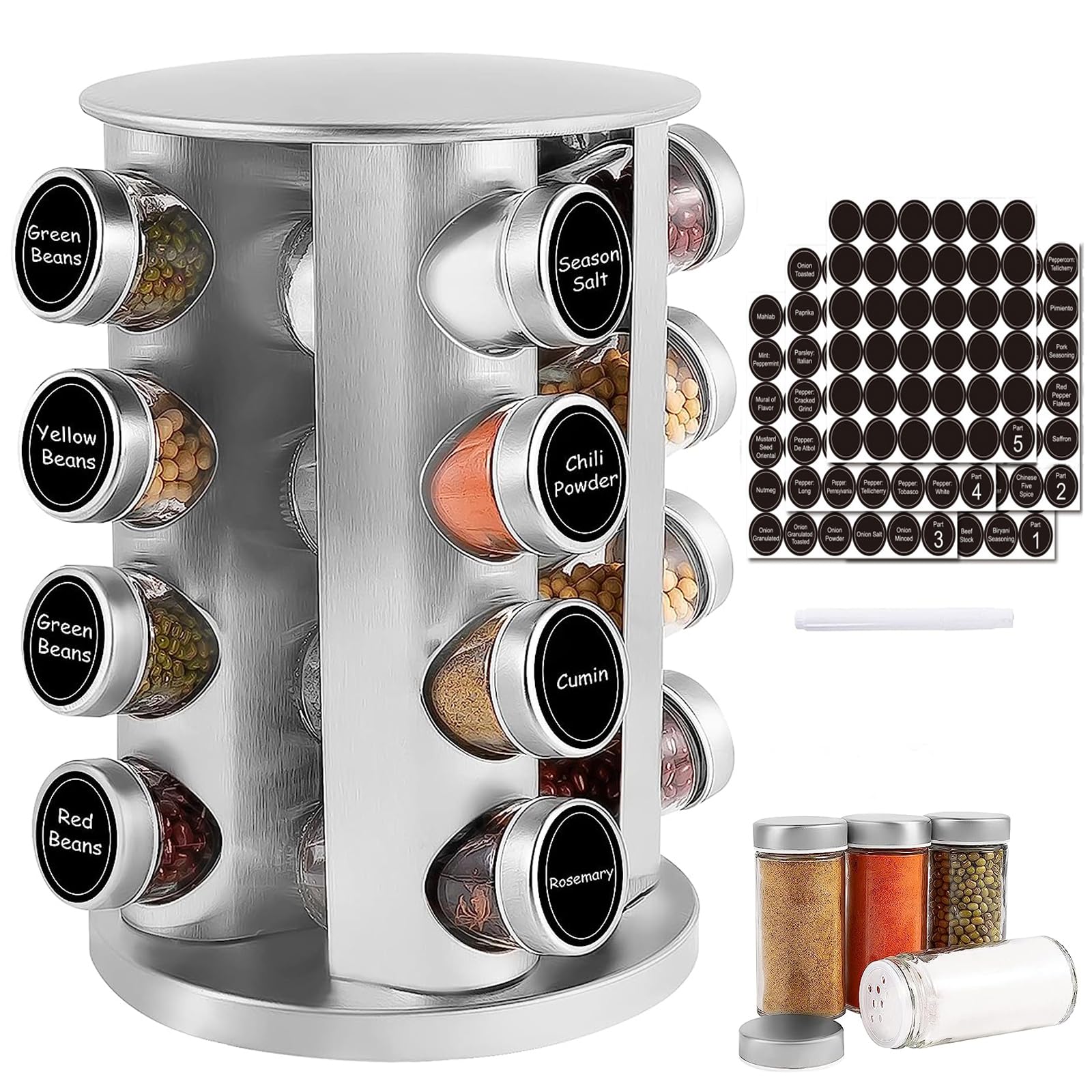 WAYDA Rotating Spice Rack with 16 Jars, Revolving Spice Rack Organizer for Cabinet, Seasoning Organizer Stainless Steel Kitchen
