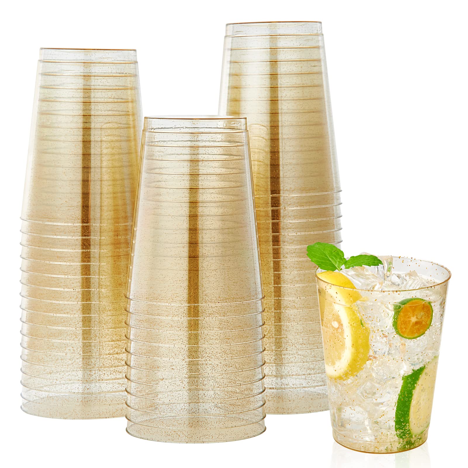 100 Pack 10 Oz Gold Glitter Plastic Party Cups, Disposable Plastic Cups Tumblers, Gold Plastic Drinking Cups With Glitter Perfec