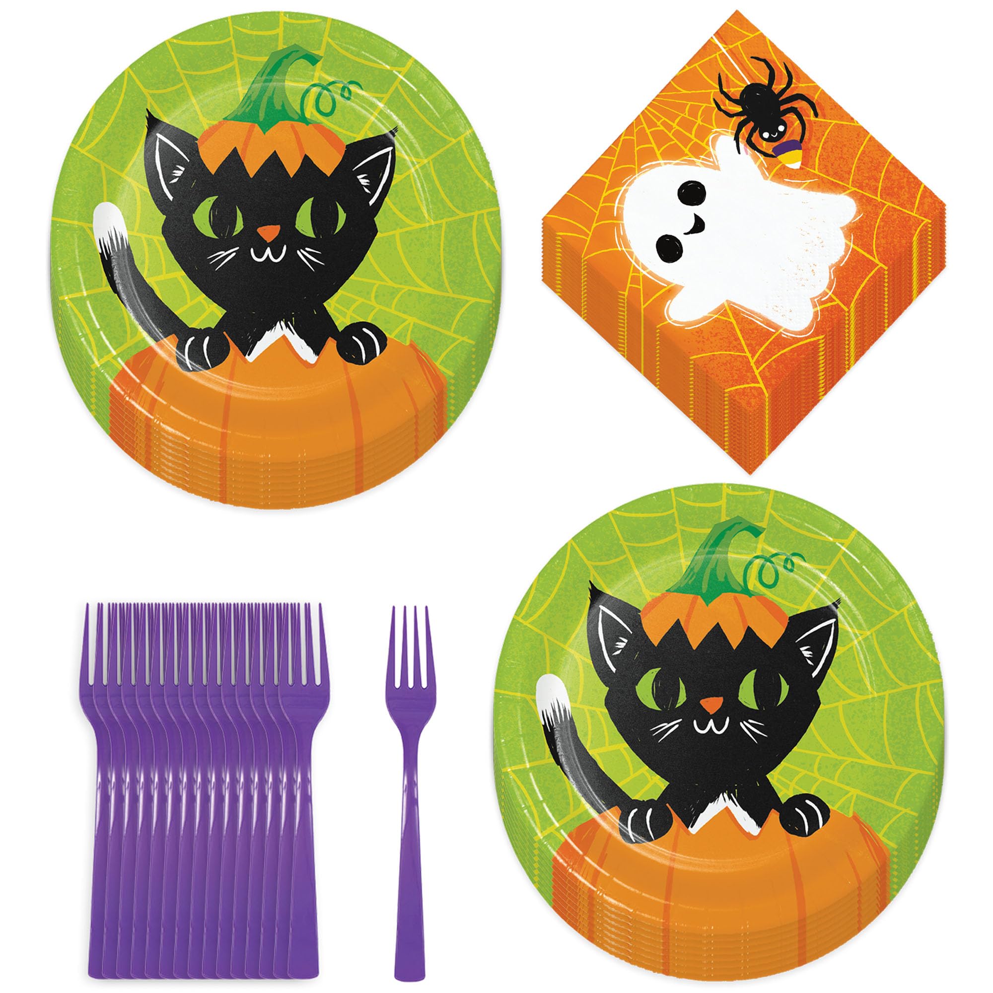 HOME & HOOPLA Halloween Fun Pumpkin, Cat, & Friendly Ghost Paper Dessert Plates, Napkins, and Forks (Serves 16)