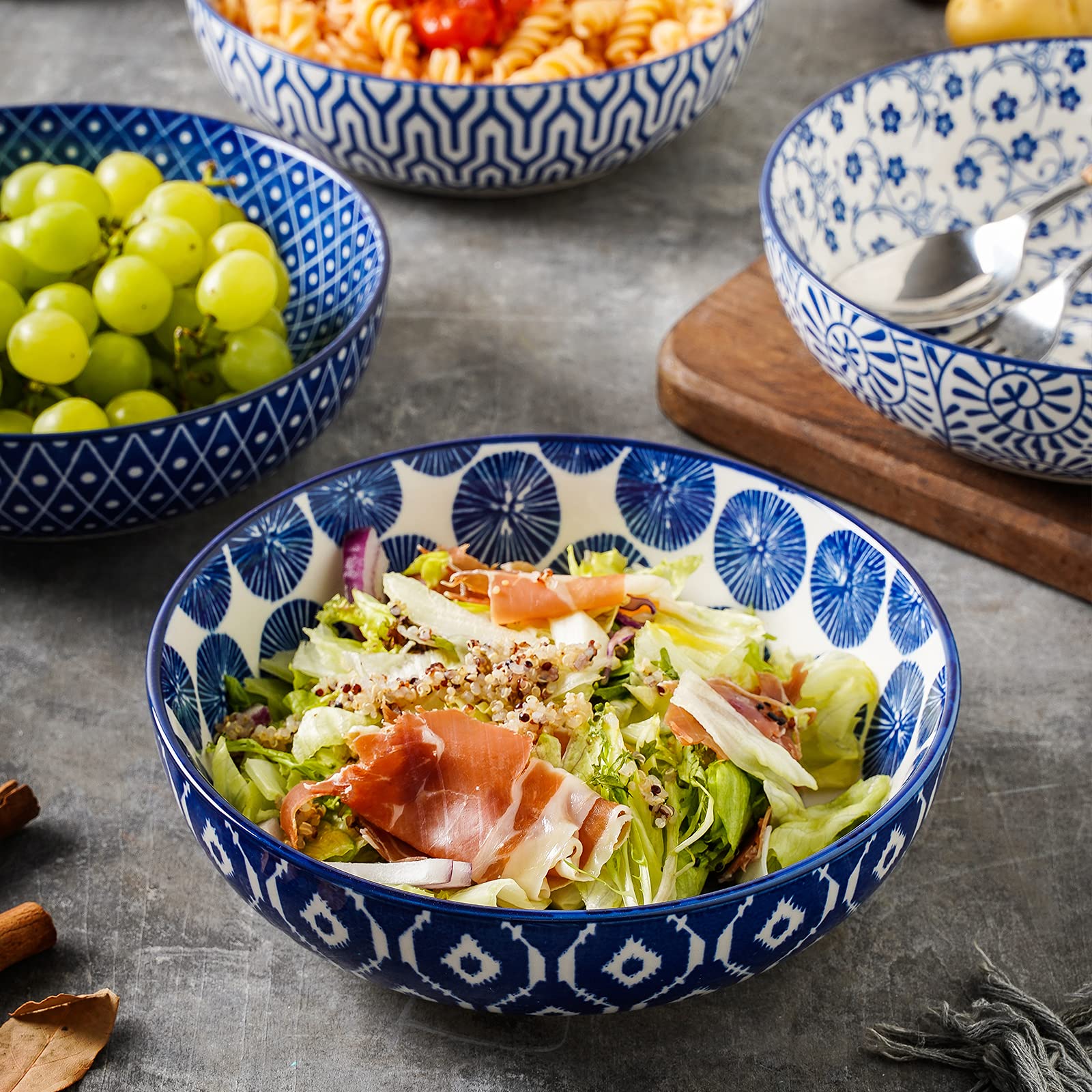 Selamica Ceramic Pasta Bowls Set of 4, 8 Inch Wide & Shallow, Vintage Blue, Microwave & Dishwasher Safe