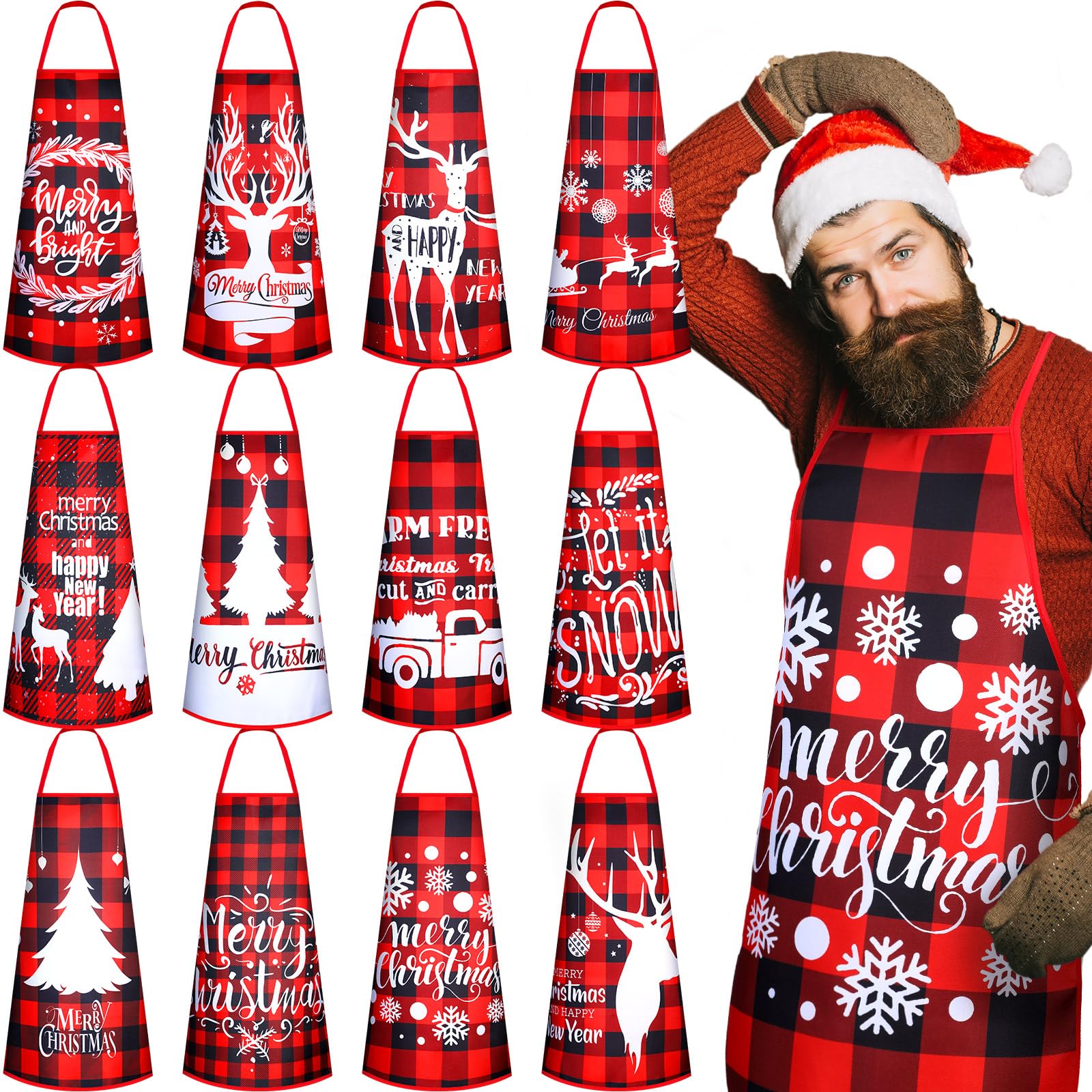 Suhine 12 Pcs Christmas Apron Red Black Buffalo Plaid Aprons Rustic Christmas Kitchen Cooking Aprons With Patterns And Words For