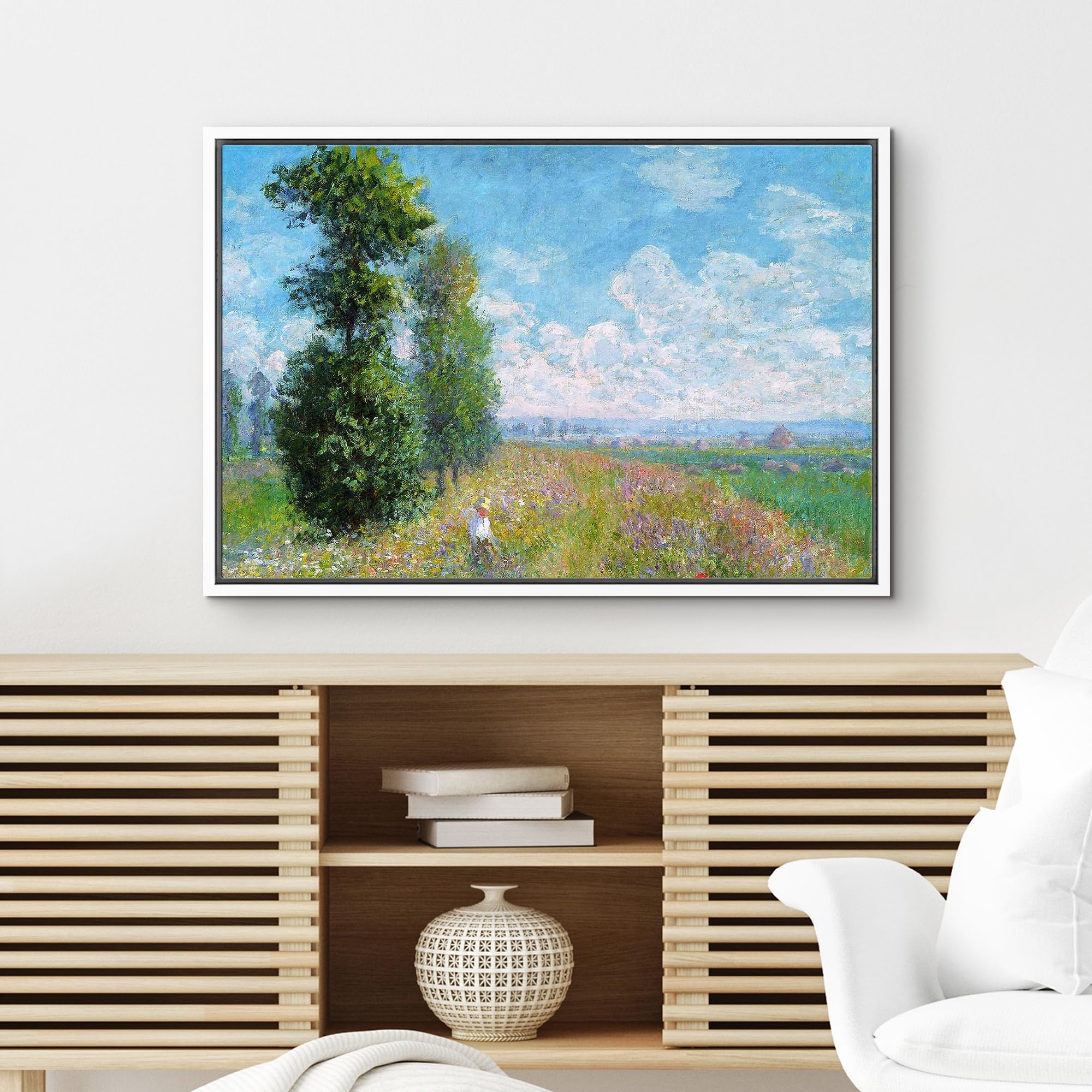 Wall26 Meadow With Poplars By Claude Monet - Impressionist Modern Art - Framed Canvas Art Home Art - 16''X24'' White