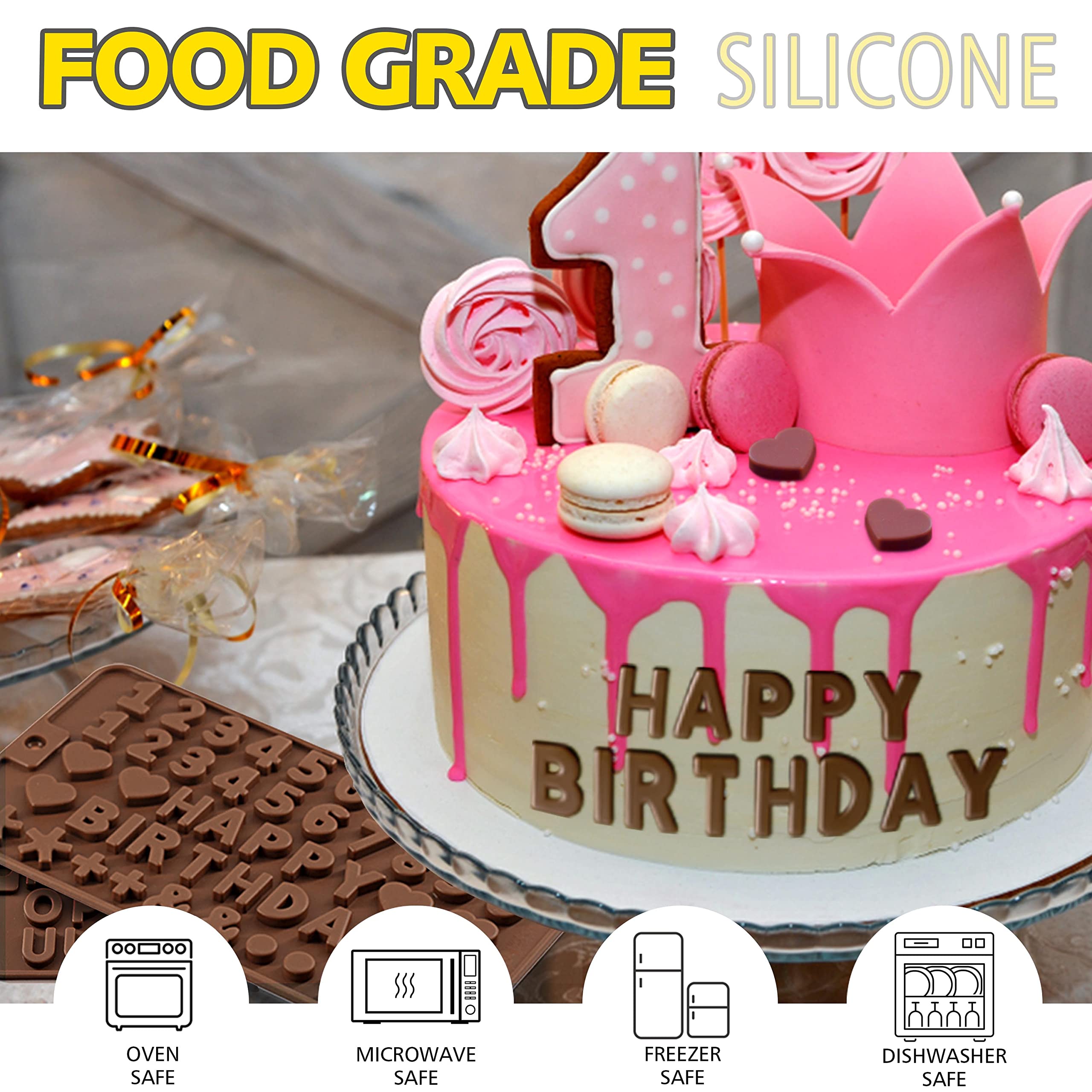 ANAEAT Silicone Letter and Number Chocolate Molds  2 Pack Alphabets & Numbers Candy Baking Mold with Happy Birthday Cake Decorations Symbols - for DIY Chocolates  Candies or Fondant