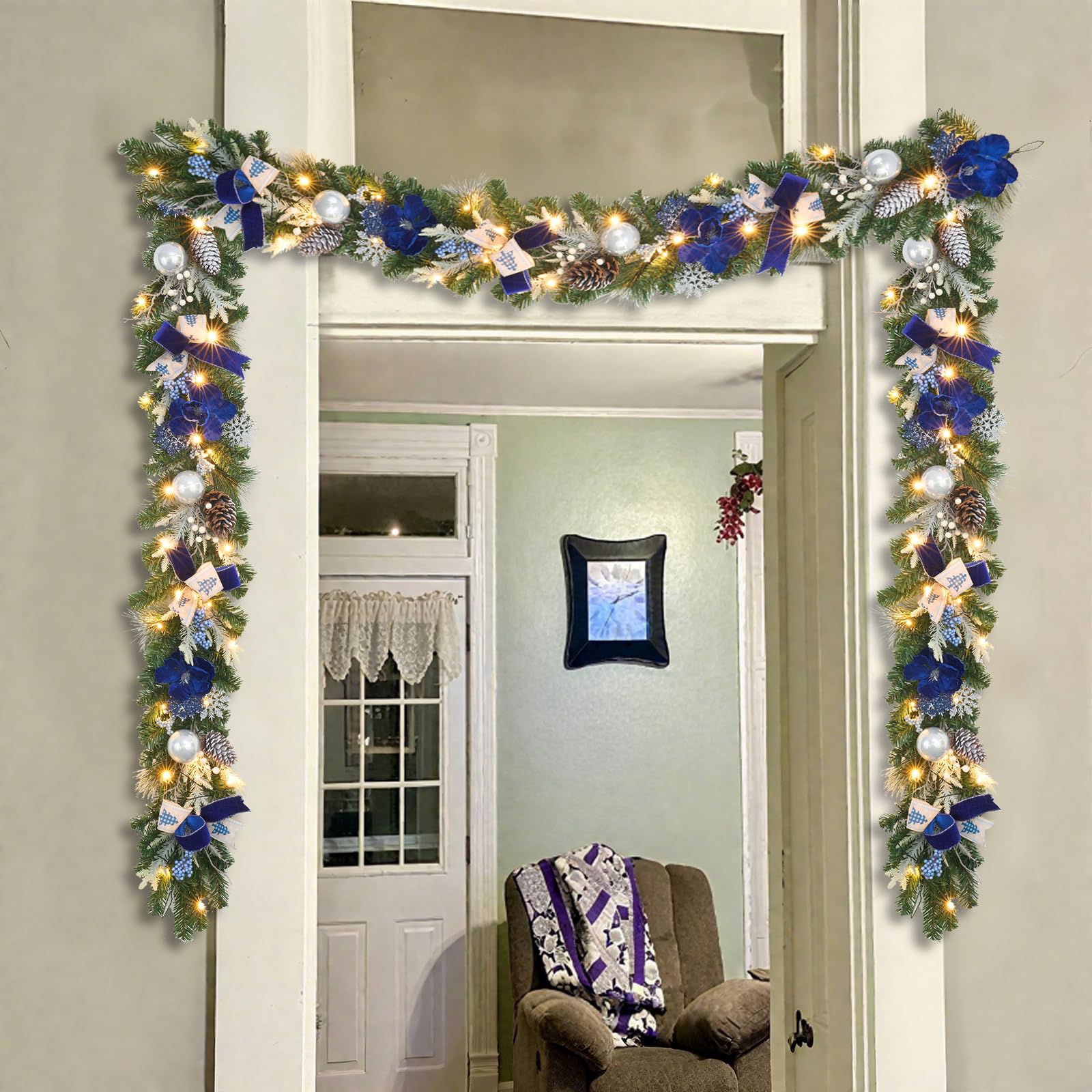 Pre-Lit Christmas Garland with Christmas Tree Icon Ribbon and Magnolia, 25 LED Lights with Timer, 6ft Lighted Silver Blue Garlan