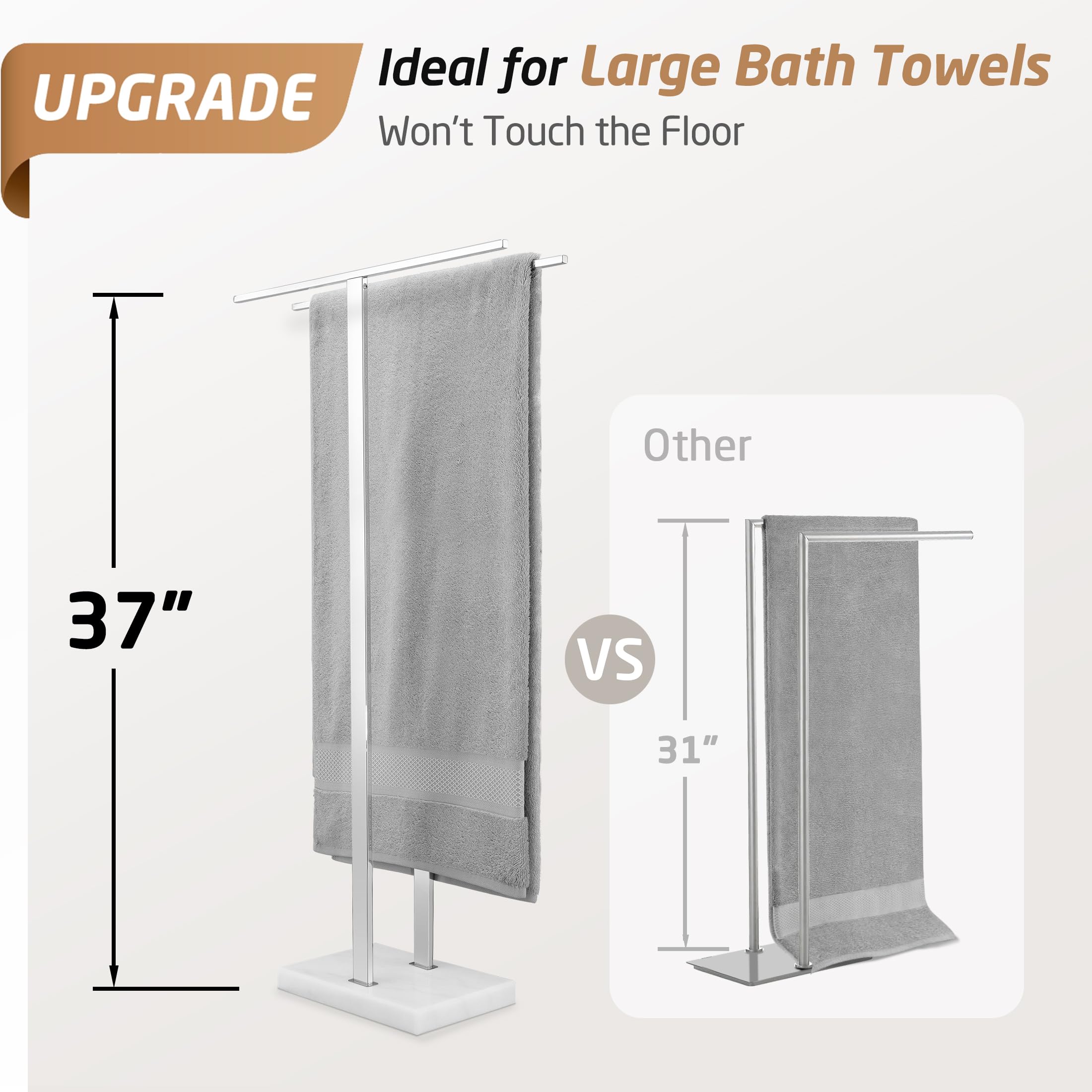 Kes Standing Towel Rack With Marble Base, 37'' H (Equal Height) Free Standing Towel Racks For Bathroom Floor, Fits Large Bath To