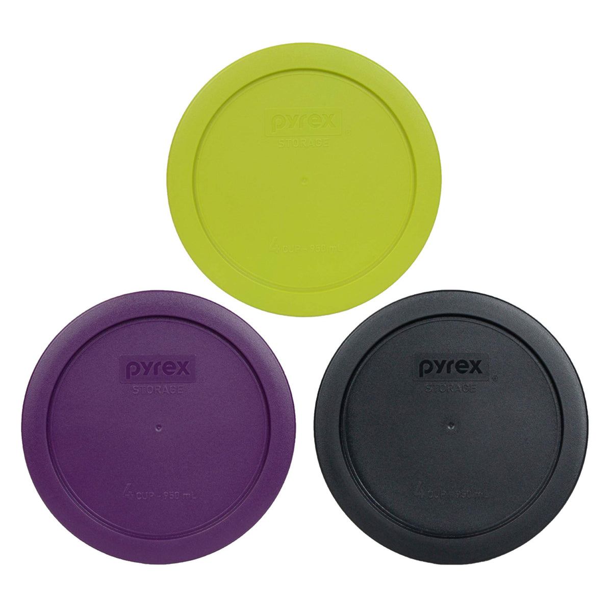 Pyrex 7201-Pc 4 Cup (1) Purple, (1) Black, And (1) Edamame Green Round Plastic Storage Lid, Made In Usa