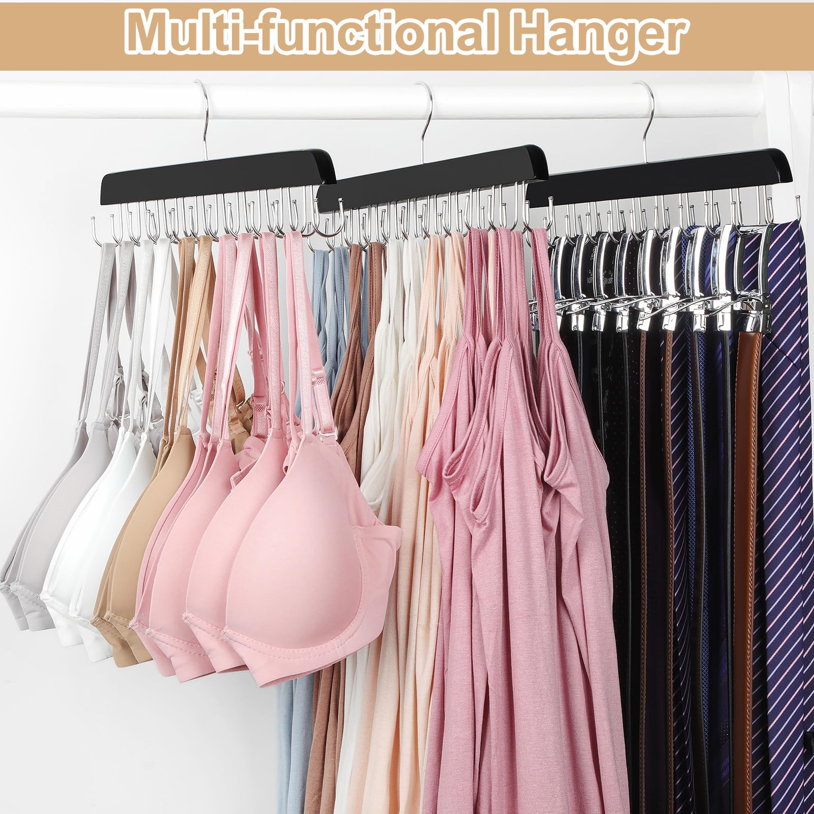Topia Hanger Bra Hanger For Closet, 2 Pack Tank Top Hangers 20 Hooks Capacity Foldable Wood Space Saving Hangers Closet Organize