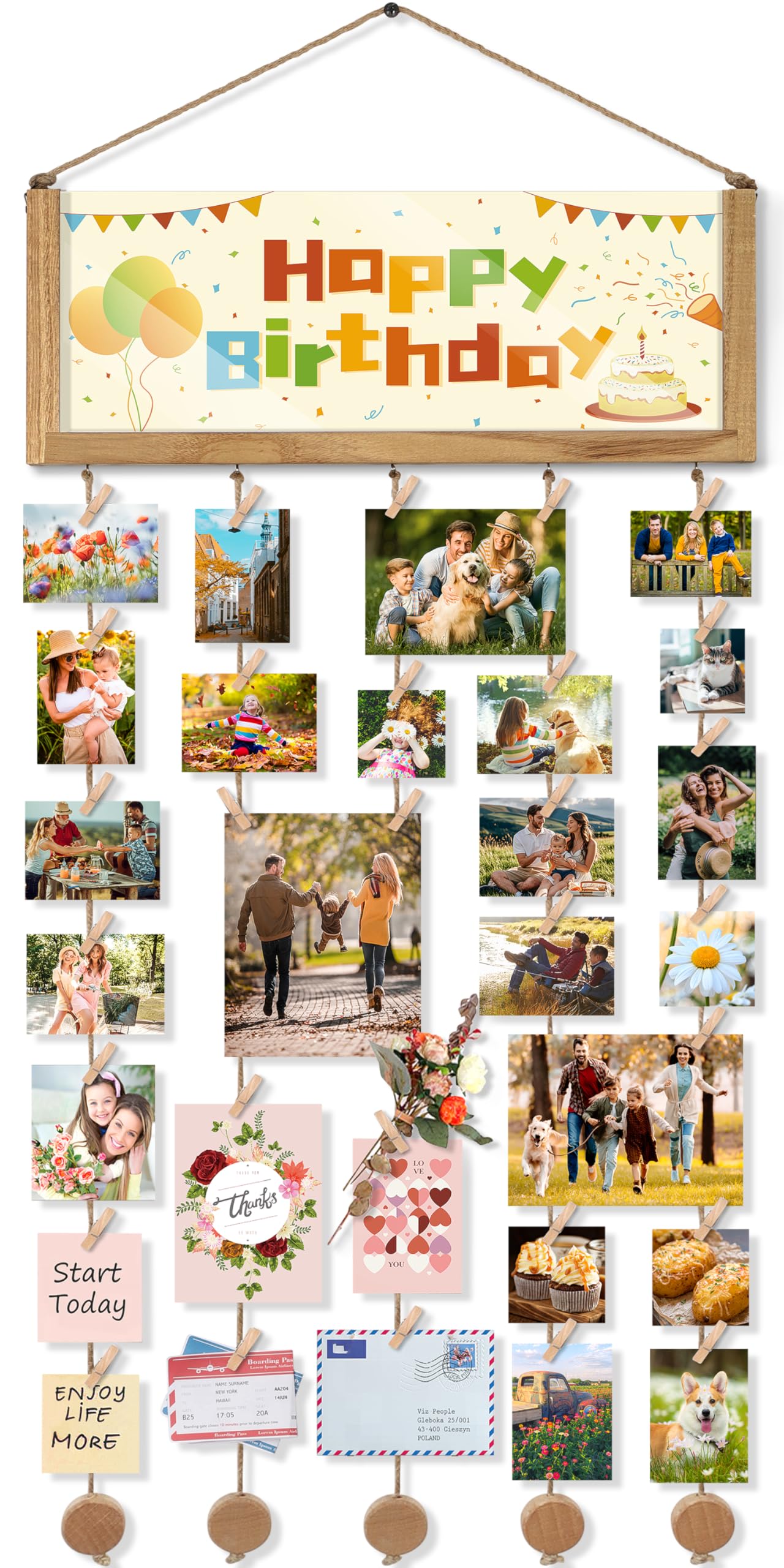Bikoney Rustic Collage Photo Display Wall Decor with Happy Birthday Banner, Gift Card Storage and 30 Clips for Dorm Room, Bedroo