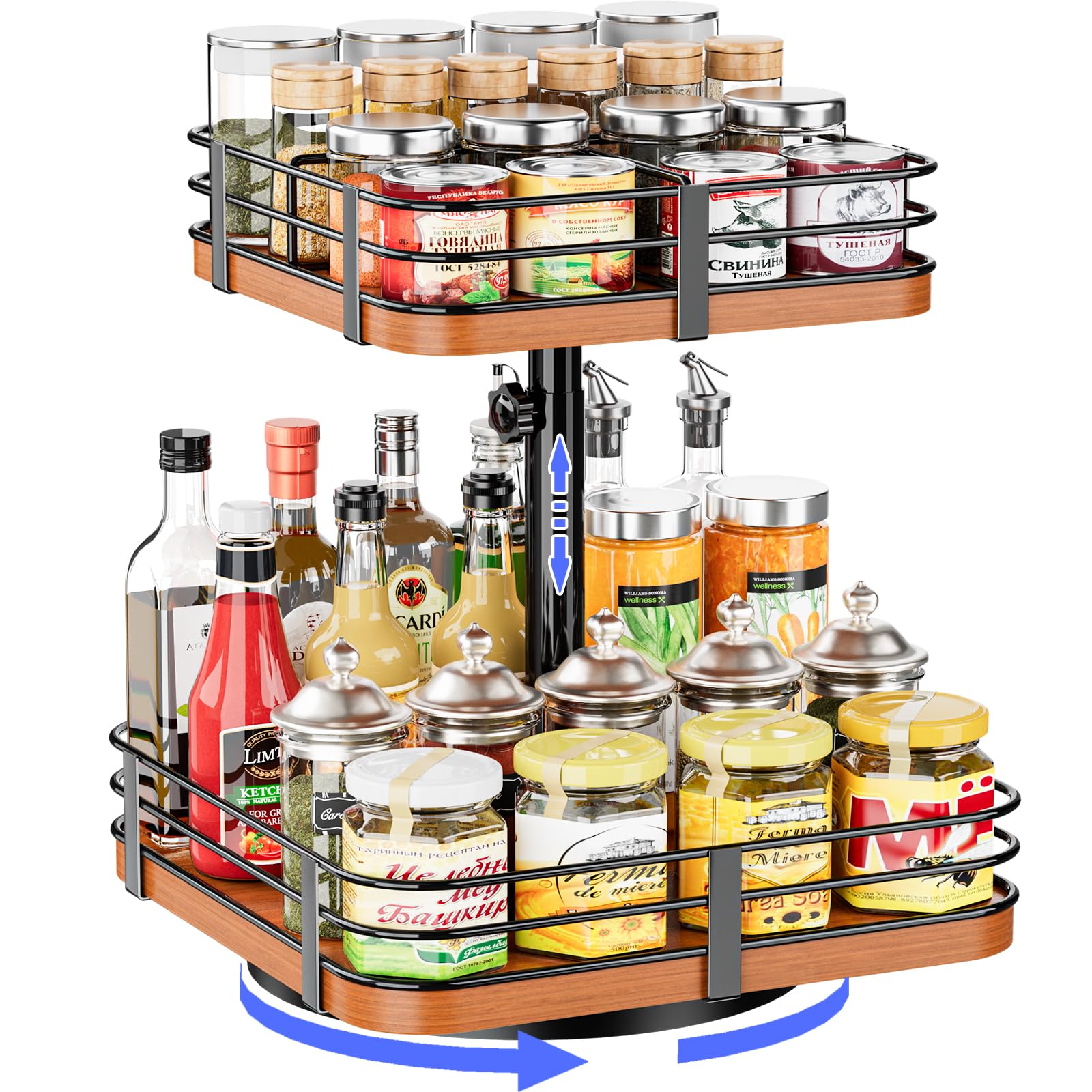 NORTBILL 12 Inch Square Lazy Susan Organizer, 2 Tier Adjustable Wood Rack