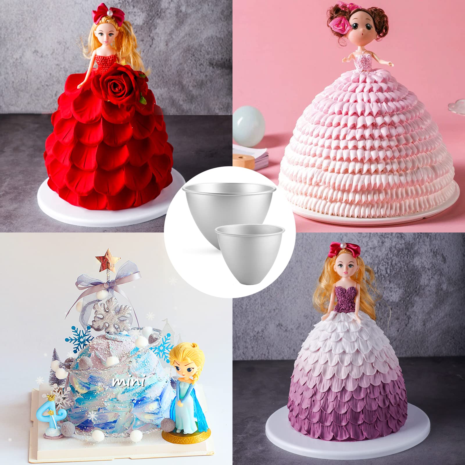 Wuweot 2 Pack Doll Dress Cake Pan Mold, 8'' & 6'' Princess Skirt Cake Mold, Non Stick Aluminum Semicircle Dessert Mold Baking Su