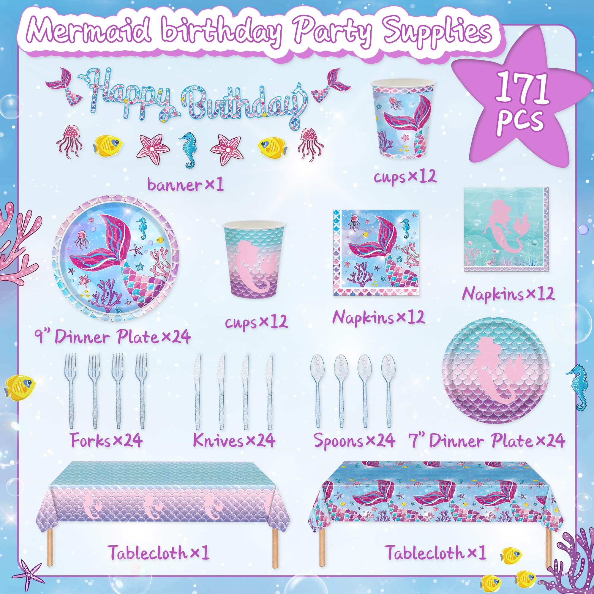 Sjjpdyy 171Pcs Mermaid Birthday Party Decorations Set Mermaid Party Supplies Includes Plates, Napkin, Fork, Cup, Tablecloth, Ban