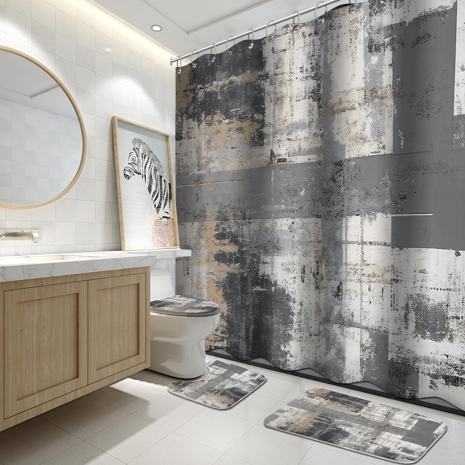 Lnond 4Pcs Bathroom Shower Curtain Sets With Rugs,Black And Grey Painting Art Bathroom Sets With Shower Curtain And Rugs And Acc