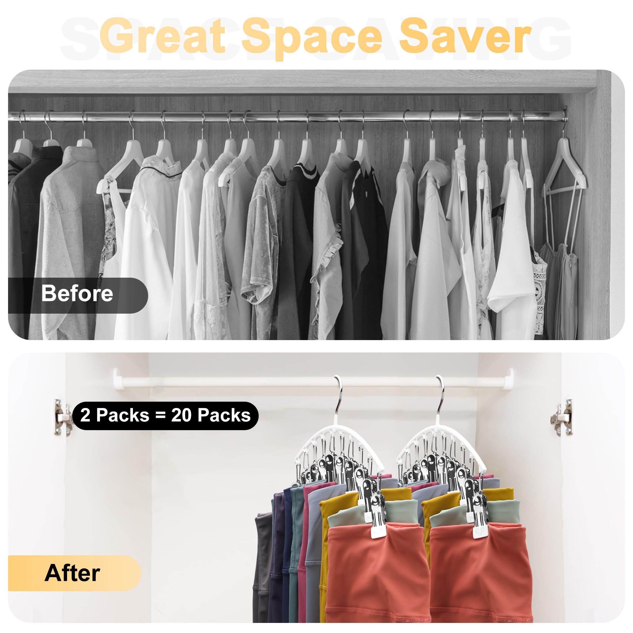 Legging Organizer For Closet, Metal Yoga Pants Hanger W/Rubber Coated 2 Pack W/10 Clips Hold 20 Leggings, Hangers Space Saving H