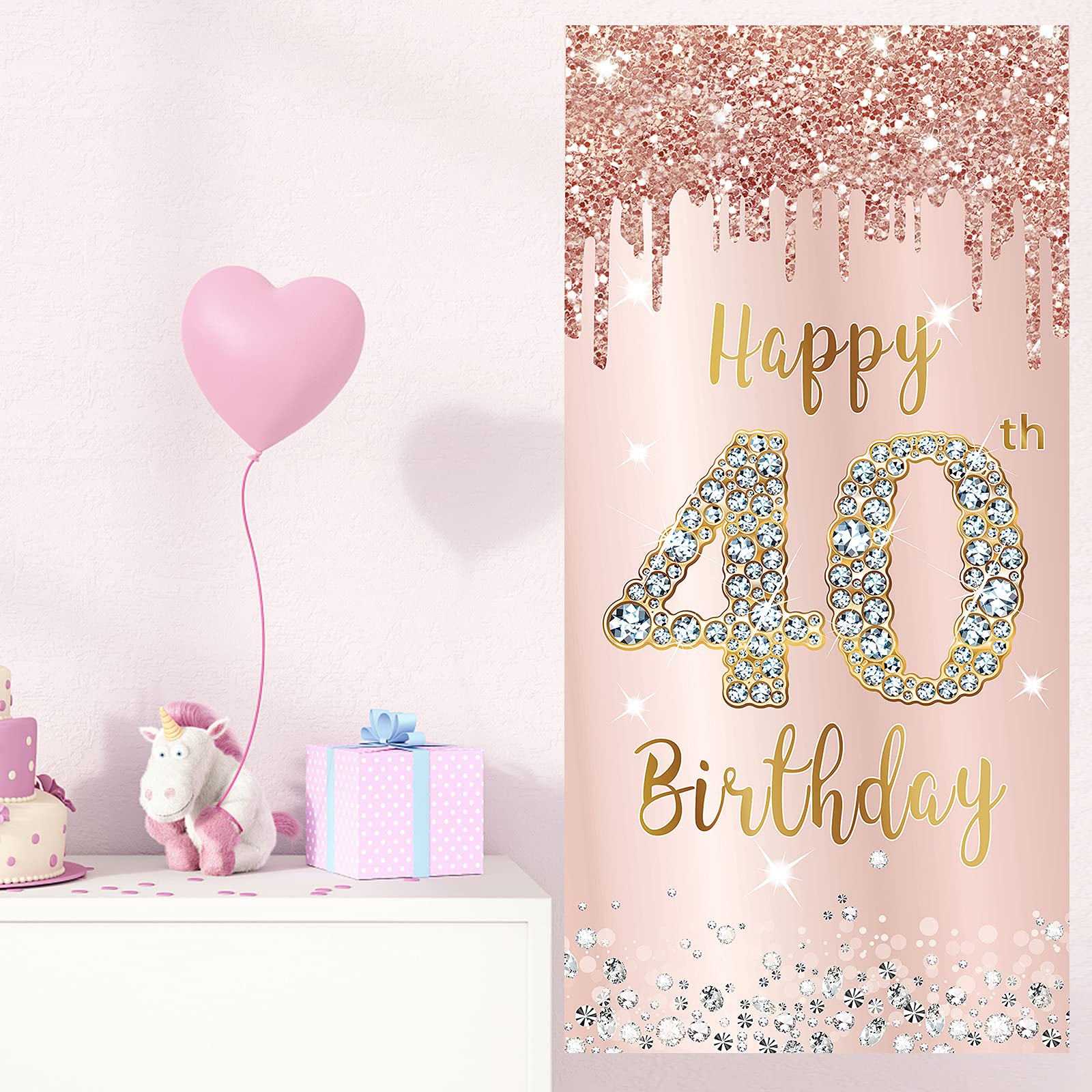 40Th Birthday Door Banner Decorations For Women, Pink Rose Gold Happy 40Th Birthday Door Cover Party Supplies, Large Forty Year