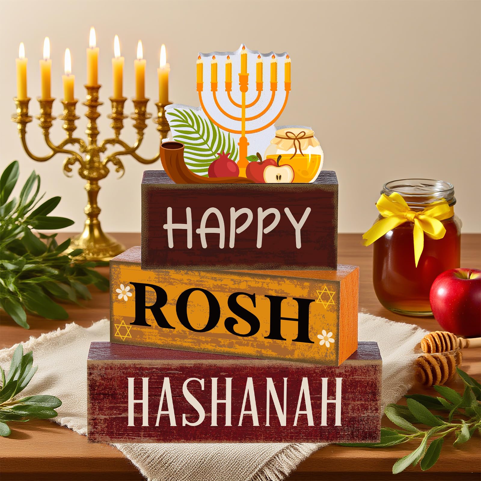 4 Pcs Rosh Hashanah Tables Decorations Happy Rosh Hashanah Wooden Tabletop Jewish New Year Party Decorations Rustic Block Center