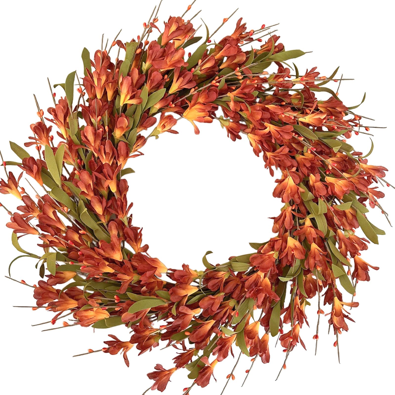 Bibelot 20inch Artificial Forsythia Flower Wreath Spring Summer Fall Wreath Silk Leaves Decoration for Front Door Porch Farmhous