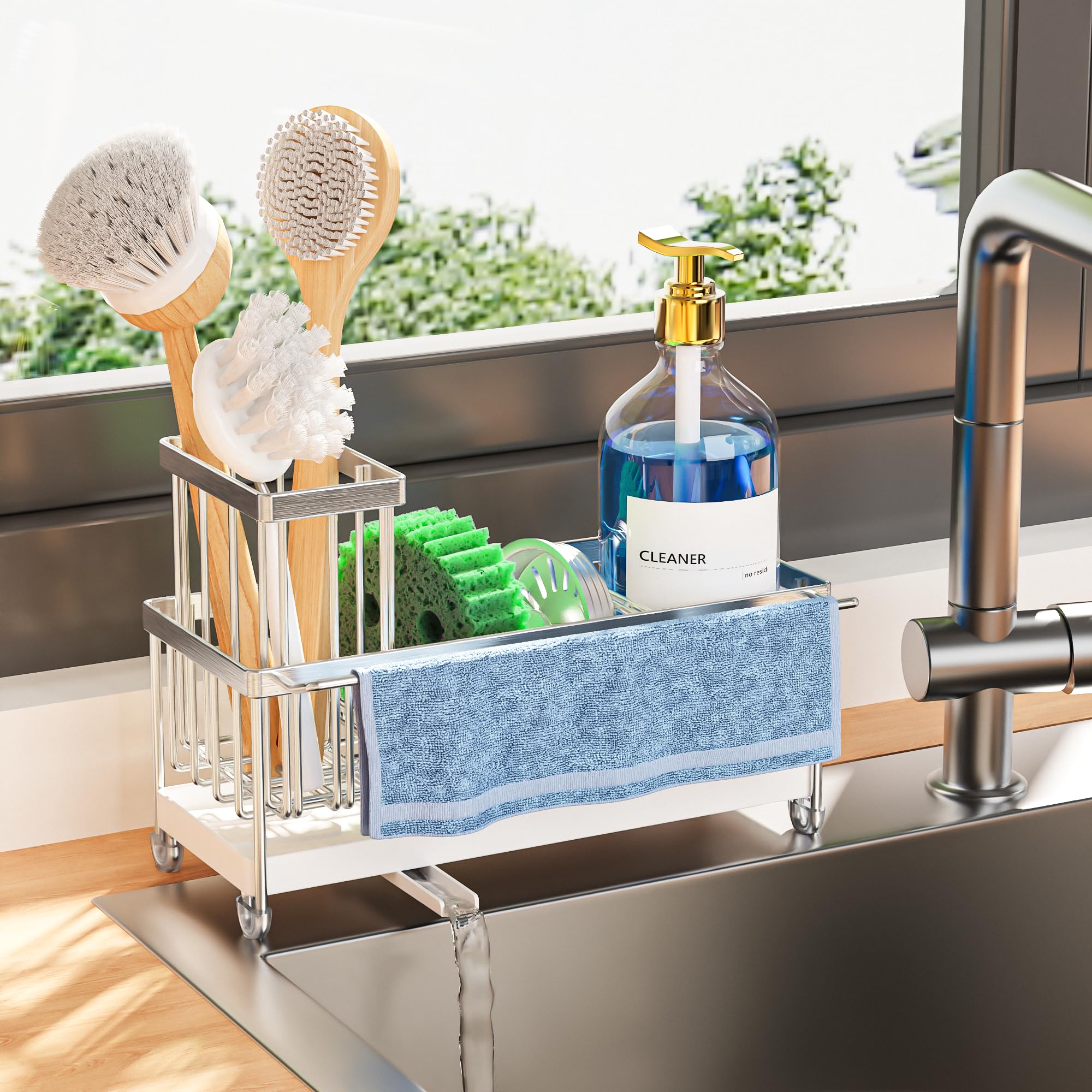 Cisily Stainless Steel Sponge Holder for Kitchen Sink with Towel Rack, Sink Caddy with Kitchen High Brush Holder, Organzier Rust