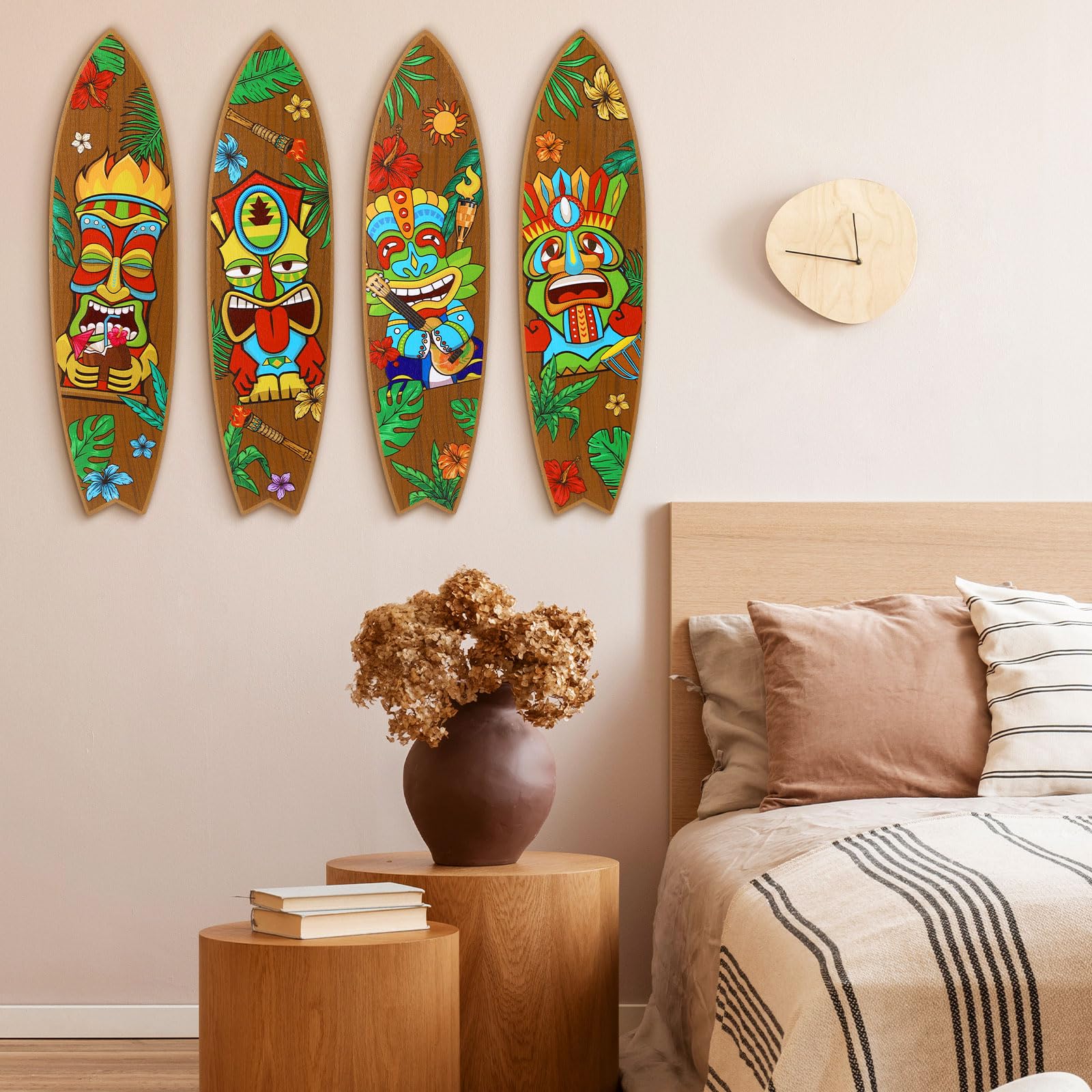 Blulu 4 Pcs Surfboard Wall Decor Surfboard Wall Hanging Sign Wooden Beach Decoration Summer Theme Decor Hawaiian Luau Party Deco