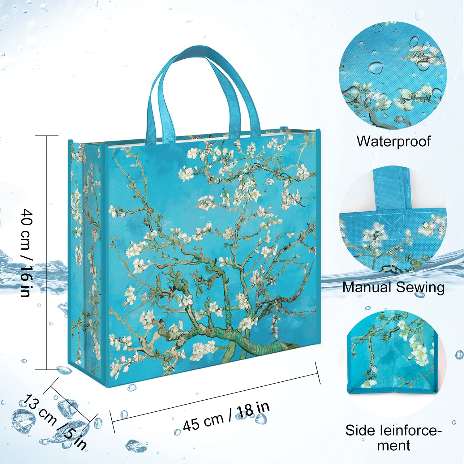 Nymphfable 6 Pack Grocery Bags Reusable Almond Blossoms Shopping Bags Waterproof Tote Bag Gift Bags 50Lbs
