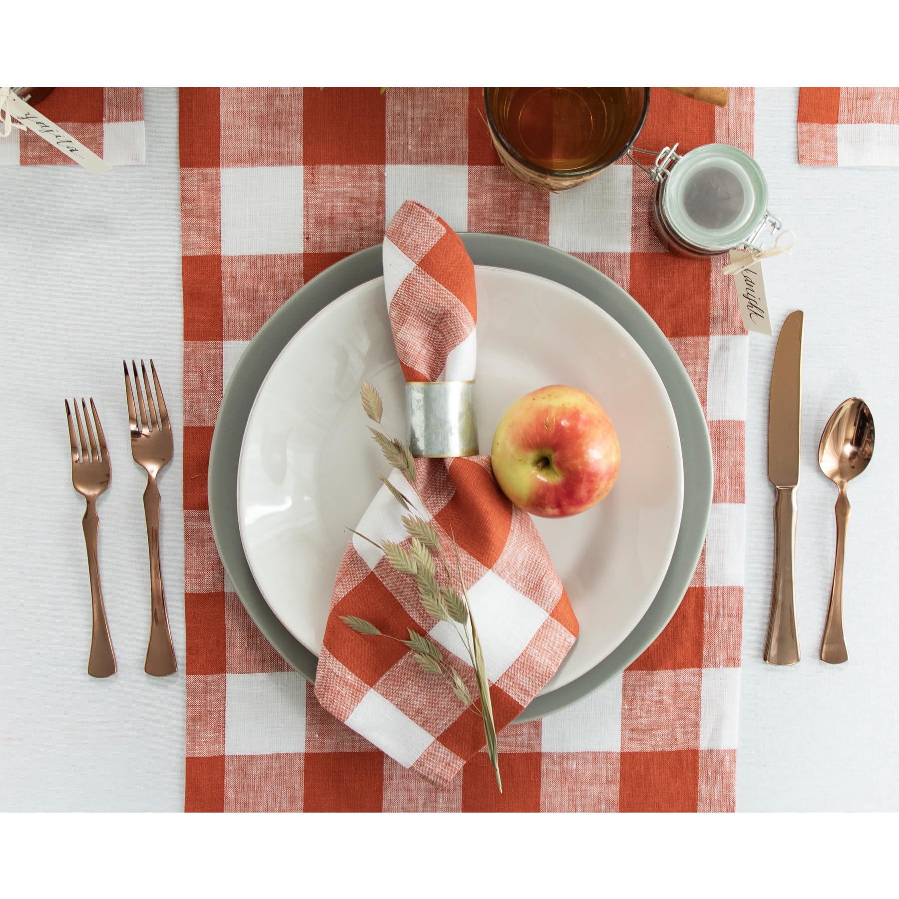 Solino Home Linen Check Table Runner 90 Inches Long - 100% Pure Linen Cinnamon And White Buffalo Plaid Table Runner 14 X 90 Inch