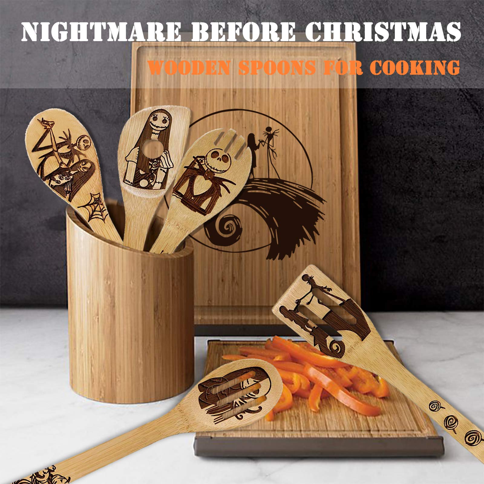 Nightmare Before Christmas Gifts - 5 Pcs Wooden Spoons For Cooking,Nightmare Before Christmas Kitchen Utensils Set,Wood Cooking