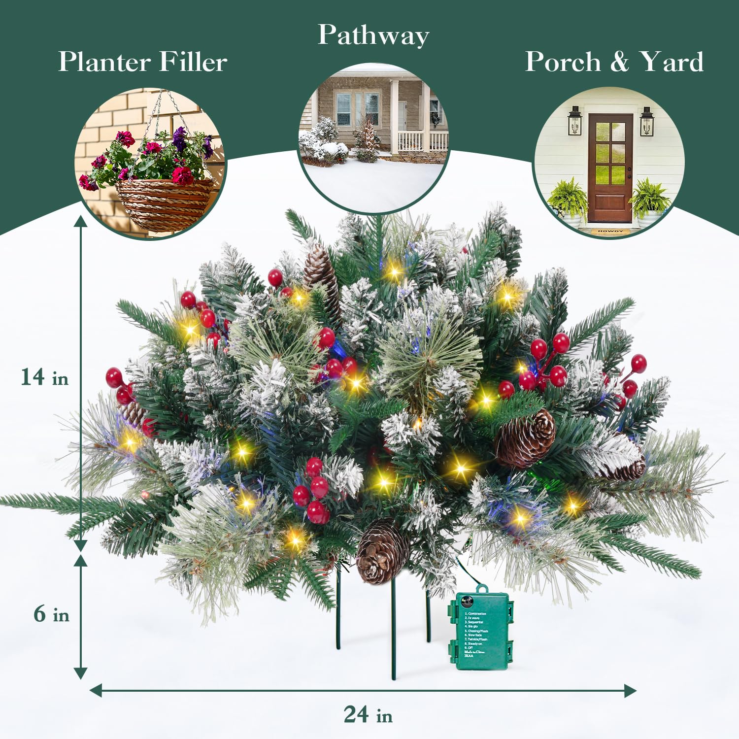 Christmas Planter Filler with Lights, Pre-Lit Faux Holiday Planters Battery Operated Christmas Pot Filler with Multi-Color LED L