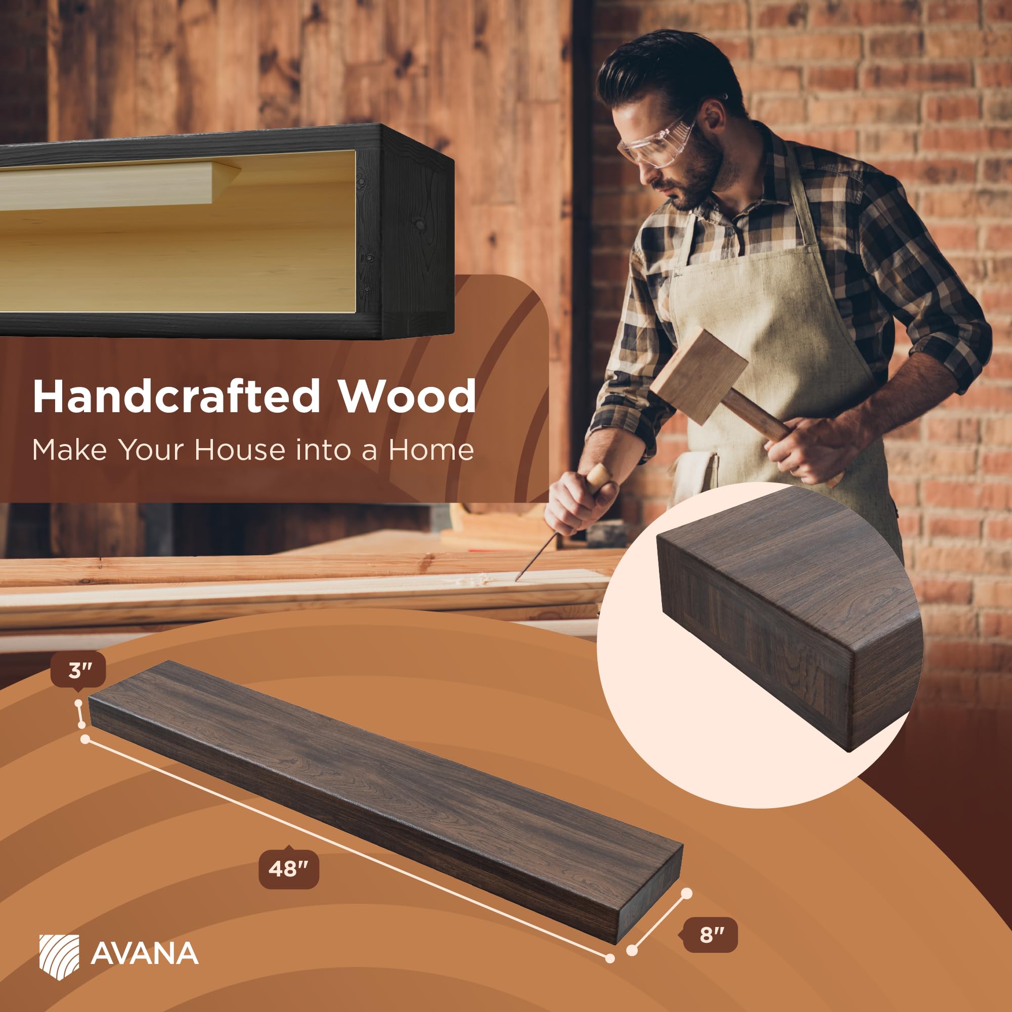 Avana Fireplace Mantel Shelf 48 Inches - Natural Mantles For Over Fireplace - Wall Mounted Fireplace Mantels, Handcrafted Wood M